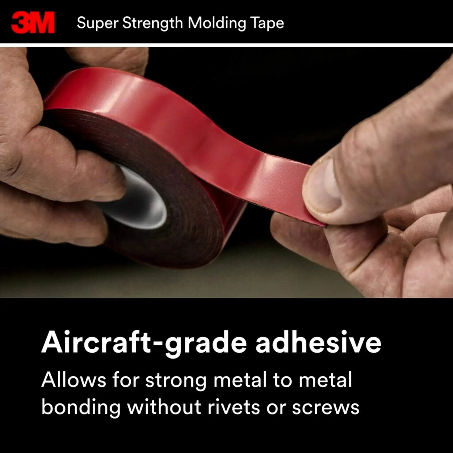 Person holding Super-Strength Molding Tape, aircraft-grade adhesive for metal bonding, 1/2 in x 15 ft, high-strength automotive use.