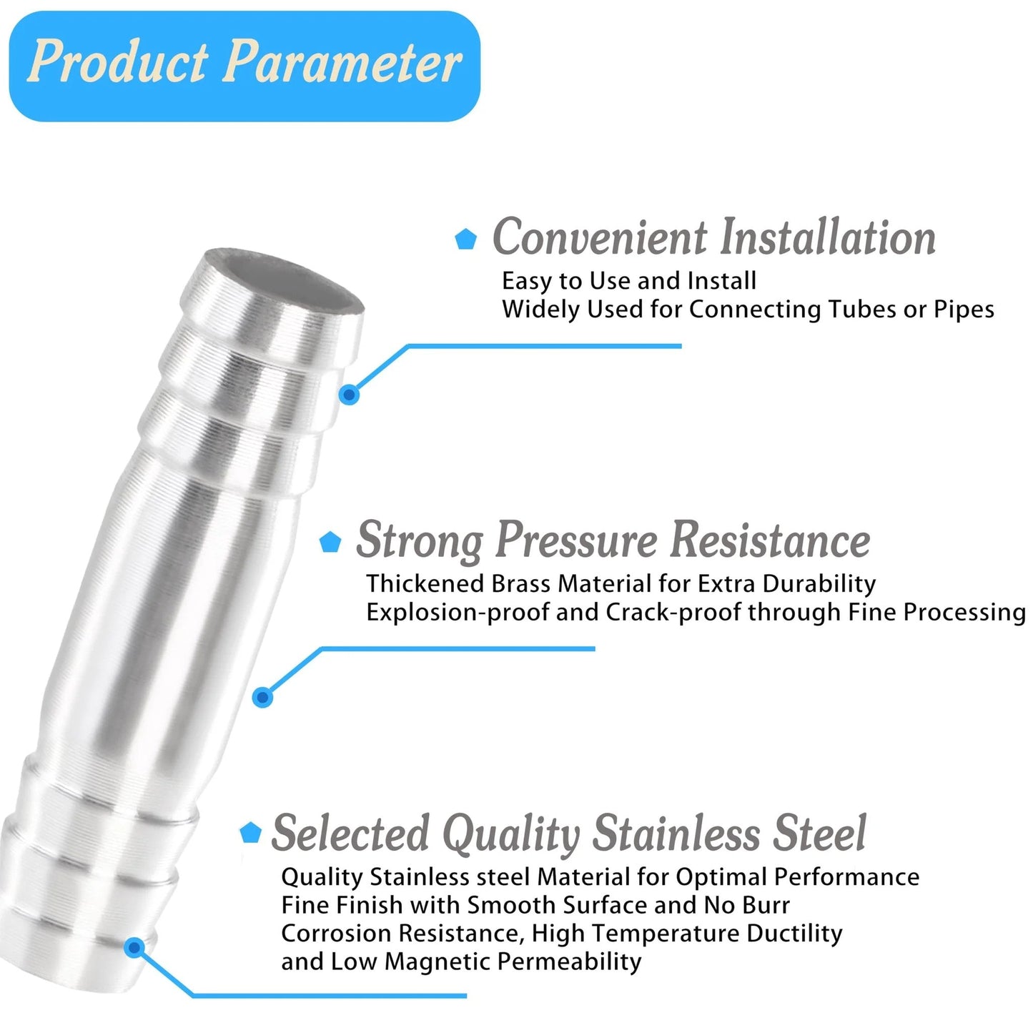 Heavy Duty Stainless Steel Three Eighths Inch Barb Splicer Mender Round Union Coupler Hose Fitting With Stainless Steel Pipe Clamps For Water Fuel And Air Pack Of Ten, close-up view