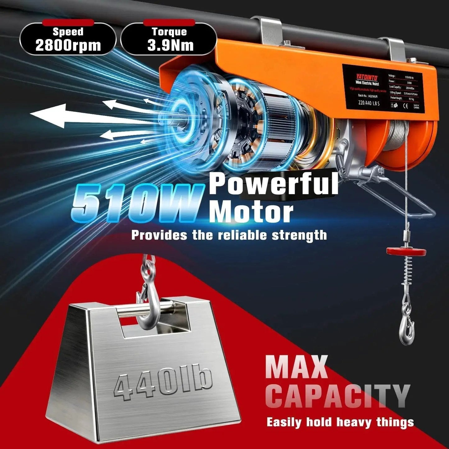 Illustration of a 440 Lbs Electric Hoist With Remote Control 510W Winch showing motor details and 440 lb weight capacity.