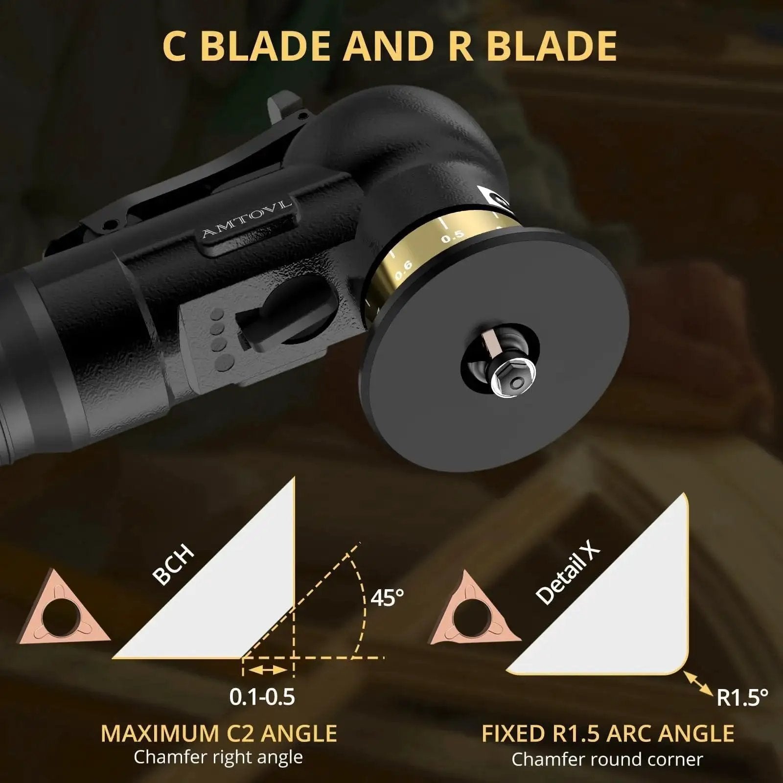 Ultra Compact Pneumatic Chamfering Tool Kit With Ten C Angle And Ten R Angle Blades Delivers Precise 0.1 To 0.5 Millimeter Right Angle Chamfers And 1.5 Millimeter Round Edge Chamfering For Metal And Wood, Speed Settings, 30,000 RPM, Quarter Inch Inlet - showing tool with C and R blades.