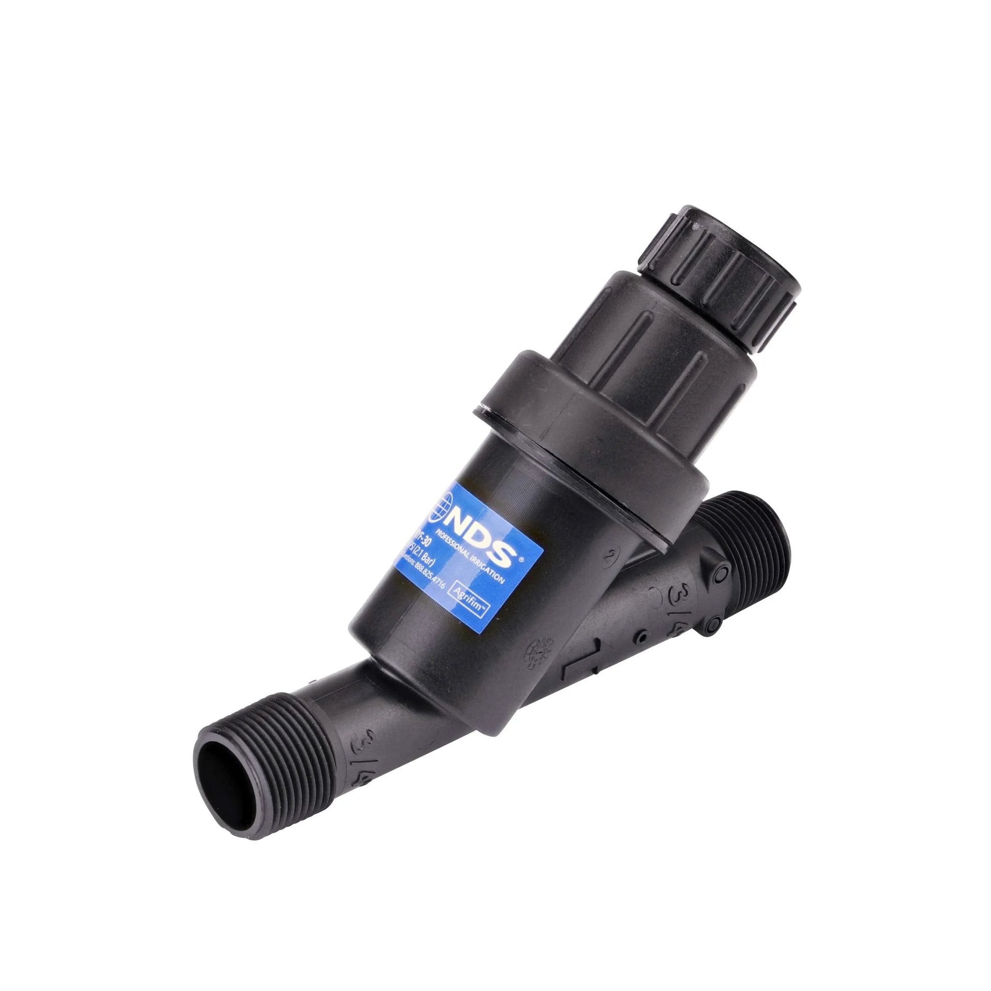 Pressure Regulating Y Filter For Drip Irrigation Systems 3/4 Inch MPT To 3/4 Inch MPT, 0.2 To 5 GPM Flow Range, 30 PSI, 200 Mesh, Black, NDS PRYF 30