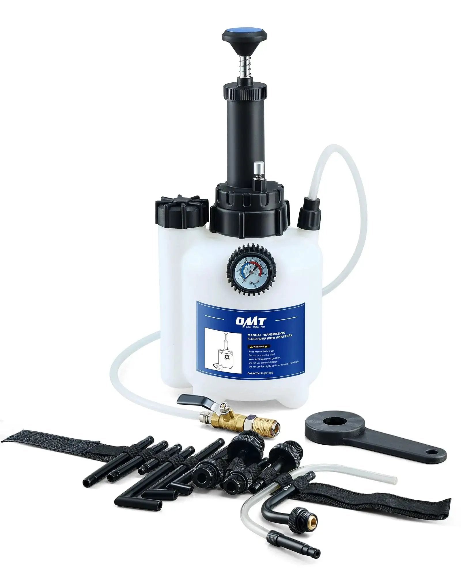 3L Transmission Fluid Pump With 12 ATF Adapters and Pressure Gauge, featuring hoses, adapters, and wrench on white background