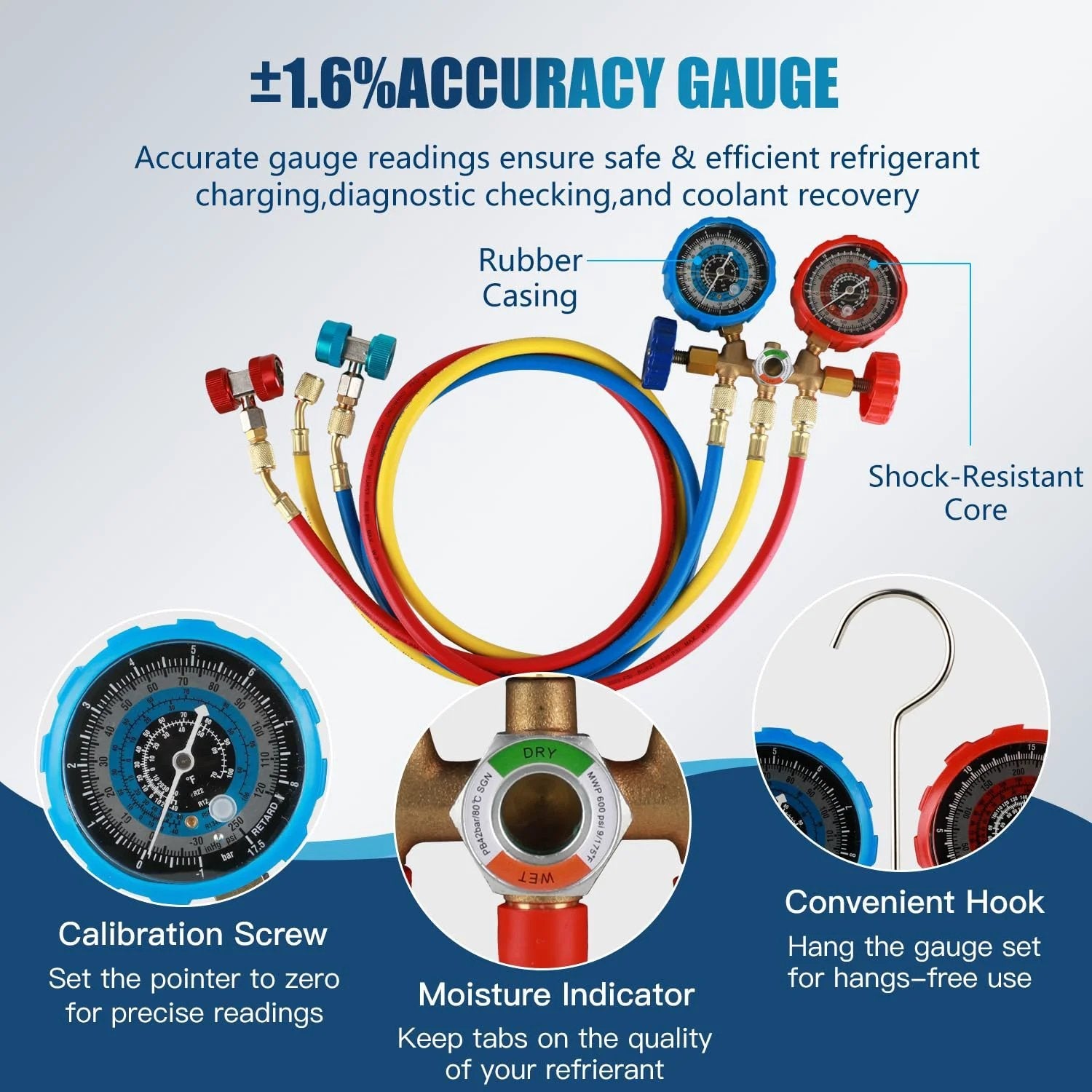 High Performance 4.5 CFM Vacuum Pump Kit 1/3 HP with 3 Way AC Manifold Gauge and hoses, includes moisture indicator and calibration screw.