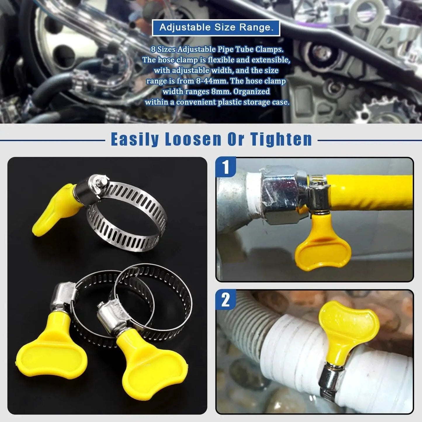 Adjustable 19-29mm Hose Clamps Set With Key Type Worm Gear, 20Pcs Stainless Steel 304 Clamps, shown with plastic handle installation