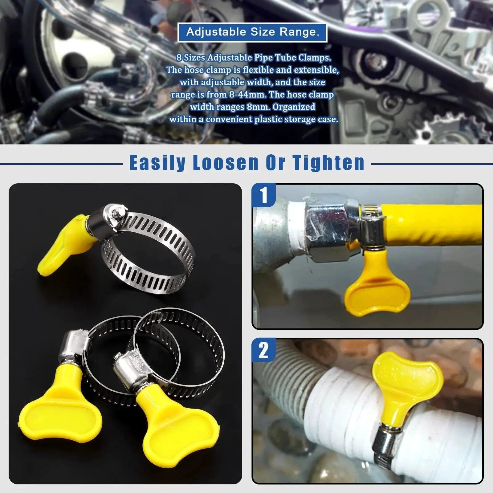 Adjustable 19-29mm Hose Clamps Set With Key Type Worm Gear, 20Pcs Stainless Steel 304 Clamps, shown with plastic handle installation