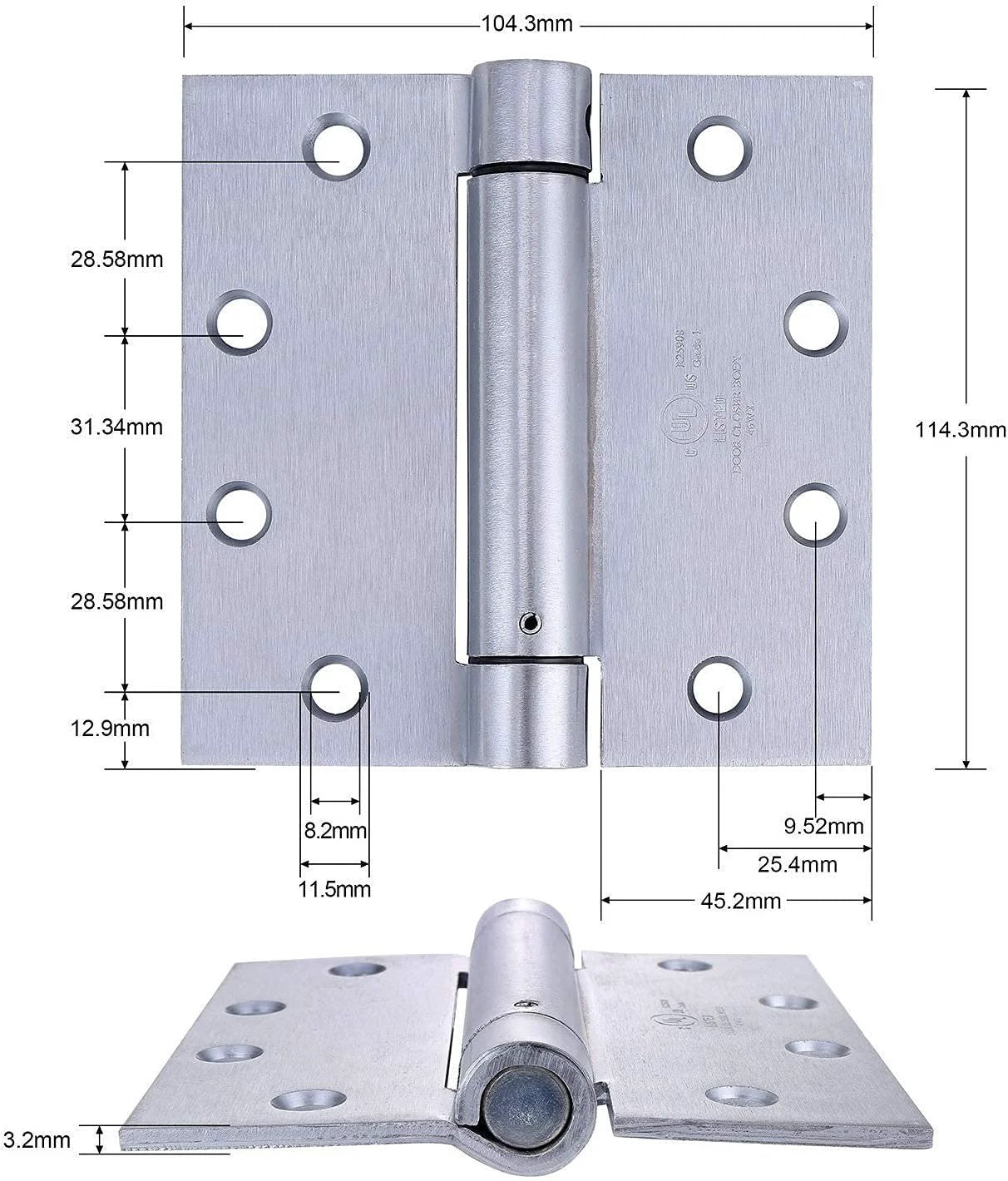 Heavy Duty Stainless Steel Door Hinge Set Pro Grade 4.5 Inch By 4.5 Inch Self Closing Reversible Spring Hinges UL Listed dimensions