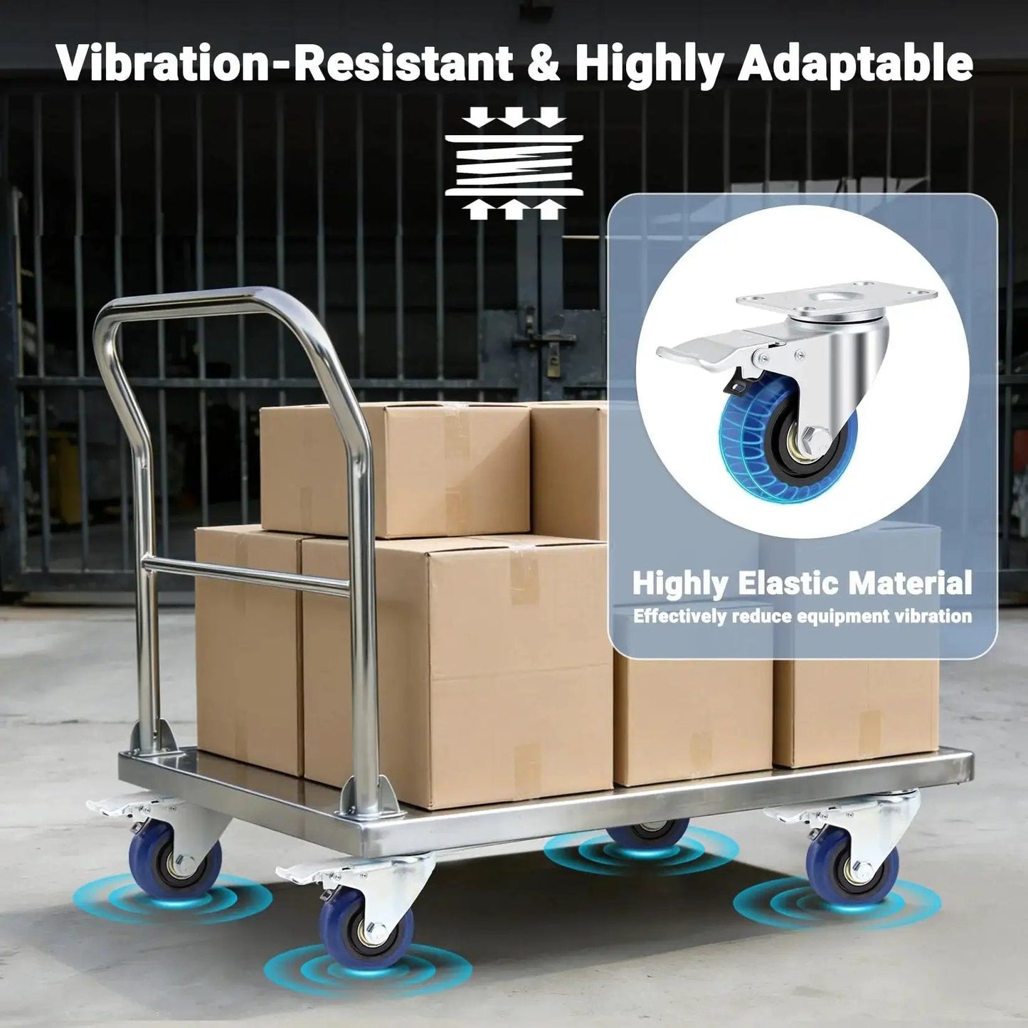 Platform cart with boxes using 4 Inch Soft Rubber Caster Wheels With Brakes Heavy Duty Plate Swivel Castors Industrial Grade 1800 Lb Capacity Blue Floor Safe Casters For Road Cases Dollies Equipment And Machinery Cushioned Shock Absorption For Smooth Quiet Rolling, vibration-resistant feature highlighted