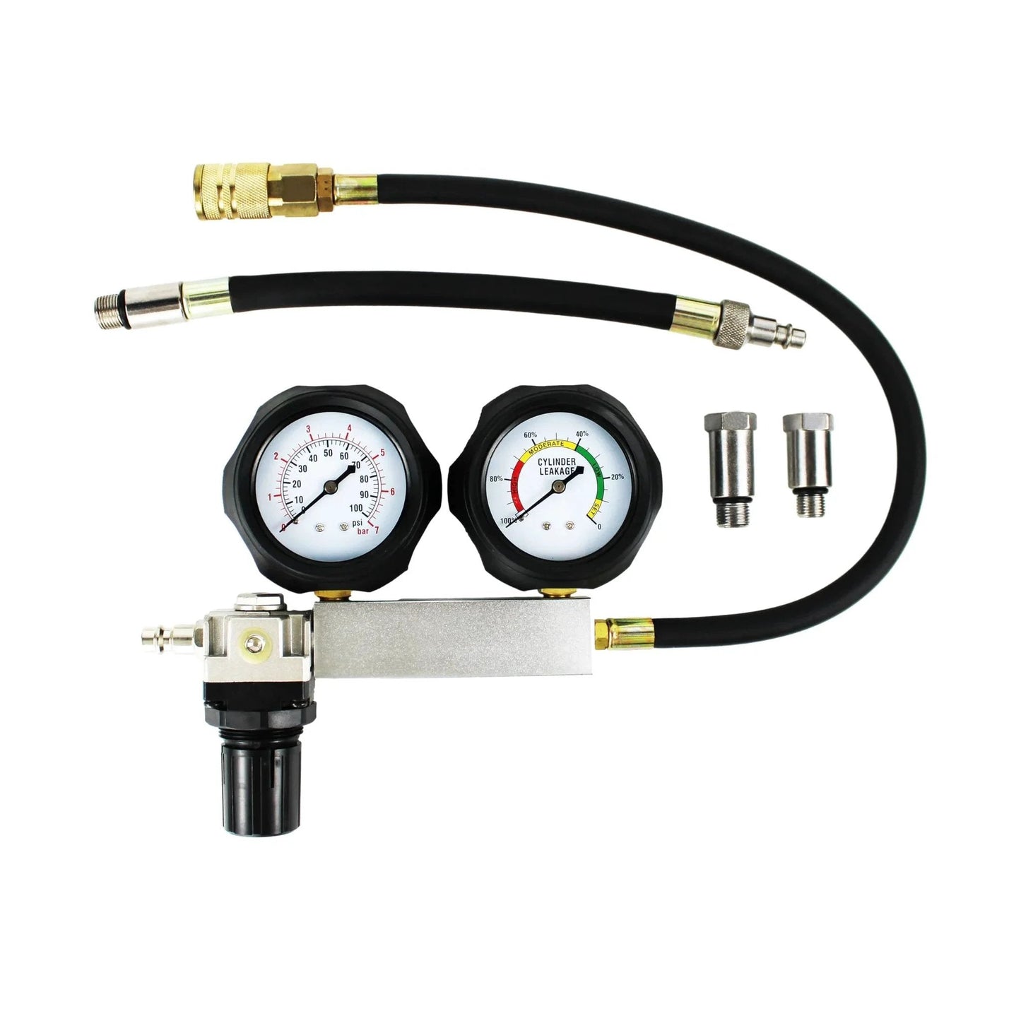 Cylinder Leak Detector Kit For Engine Compression Diagnosis And Cylinder Leakage Testing With 480mm Hose 12mm And 14mm Spark Plug Adapters 0 To 100 PSI Gauge Air Regulator Carrying Case HFS.