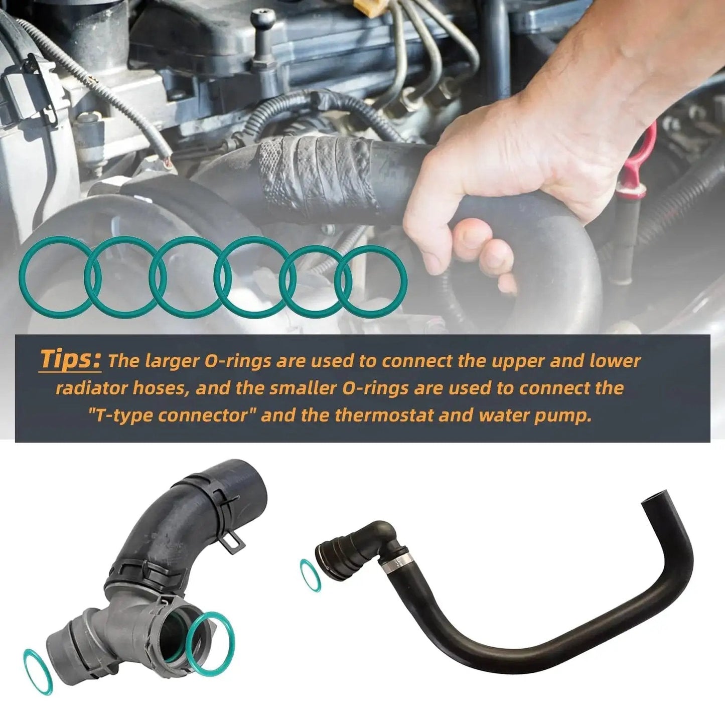 O Ring Seal Set For Ford F Series Radiator Hose And T Pipe Coolant Leak Repair 6 Pack, showing installation on hoses