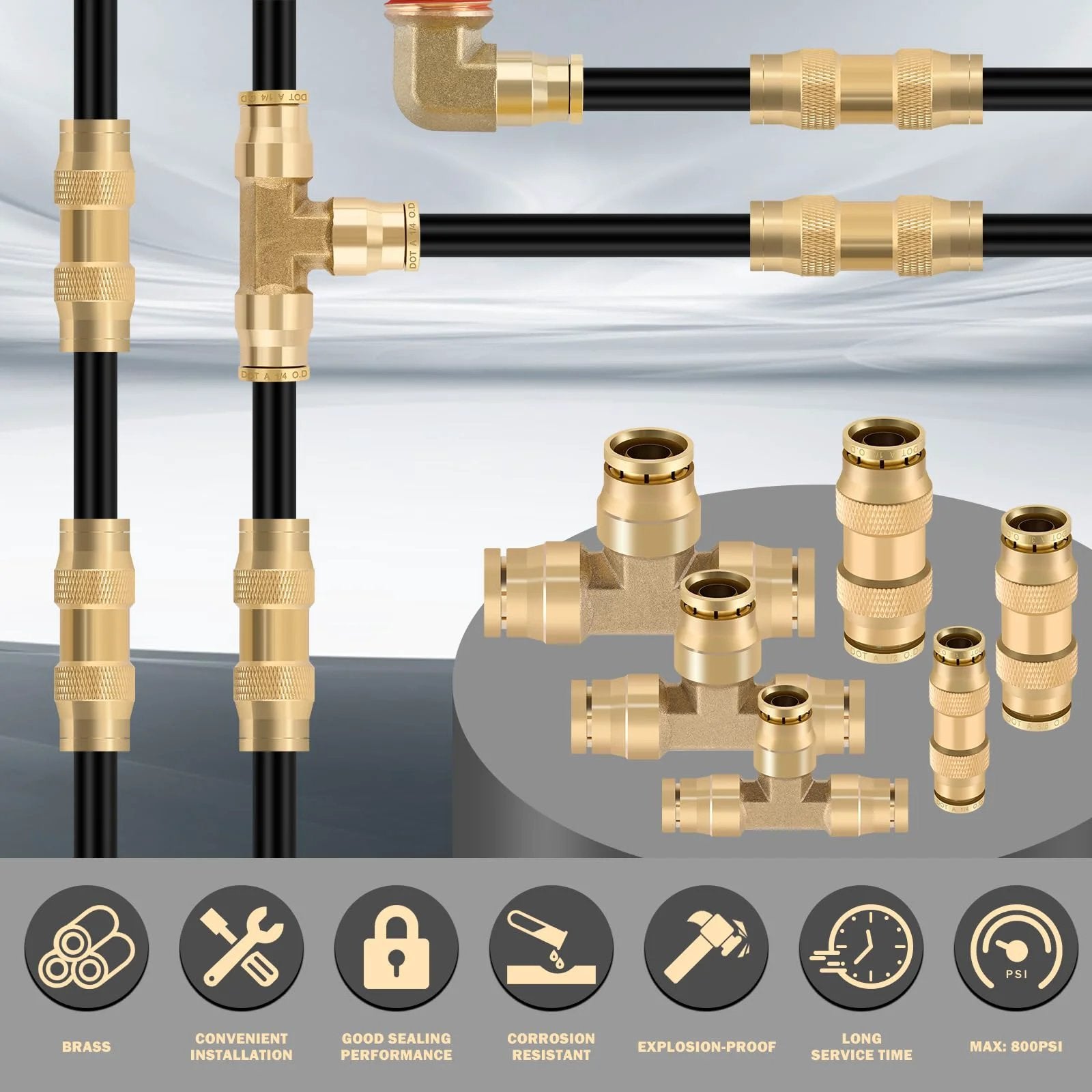 Brass DOT Air Line Fittings Kit With Fifty Foot One Quarter Inch And Thirty Foot Three Eighth Inch Air Hoses Twelve Brass Tee Fittings