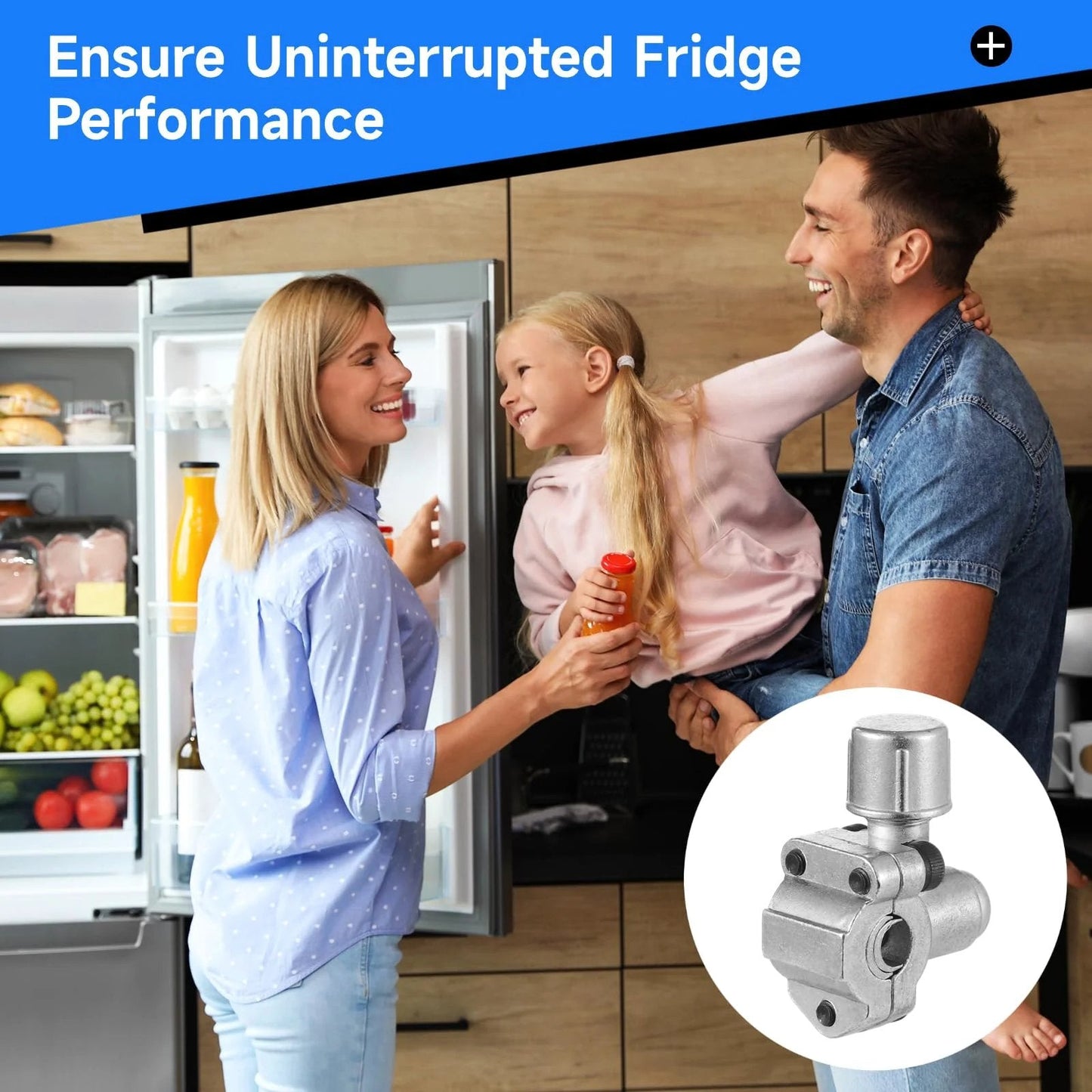 Family in kitchen near open fridge with insert of Bullet Piercing Valve Kit For Refrigeration And HVAC 10 Pcs BPV31 Replacement Valves.