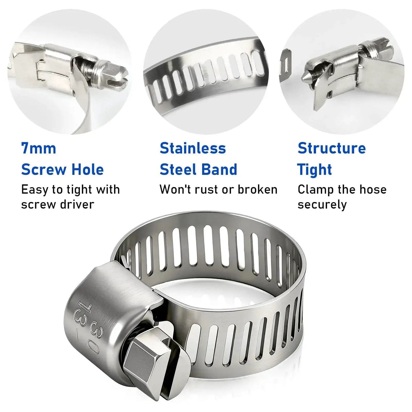 Hose Clamps 10 Pack Stainless Steel Adjustable Worm Gear Clamps 7mm Screw Hole Detail for 1/2 to 3/4 Inch Automotive Use