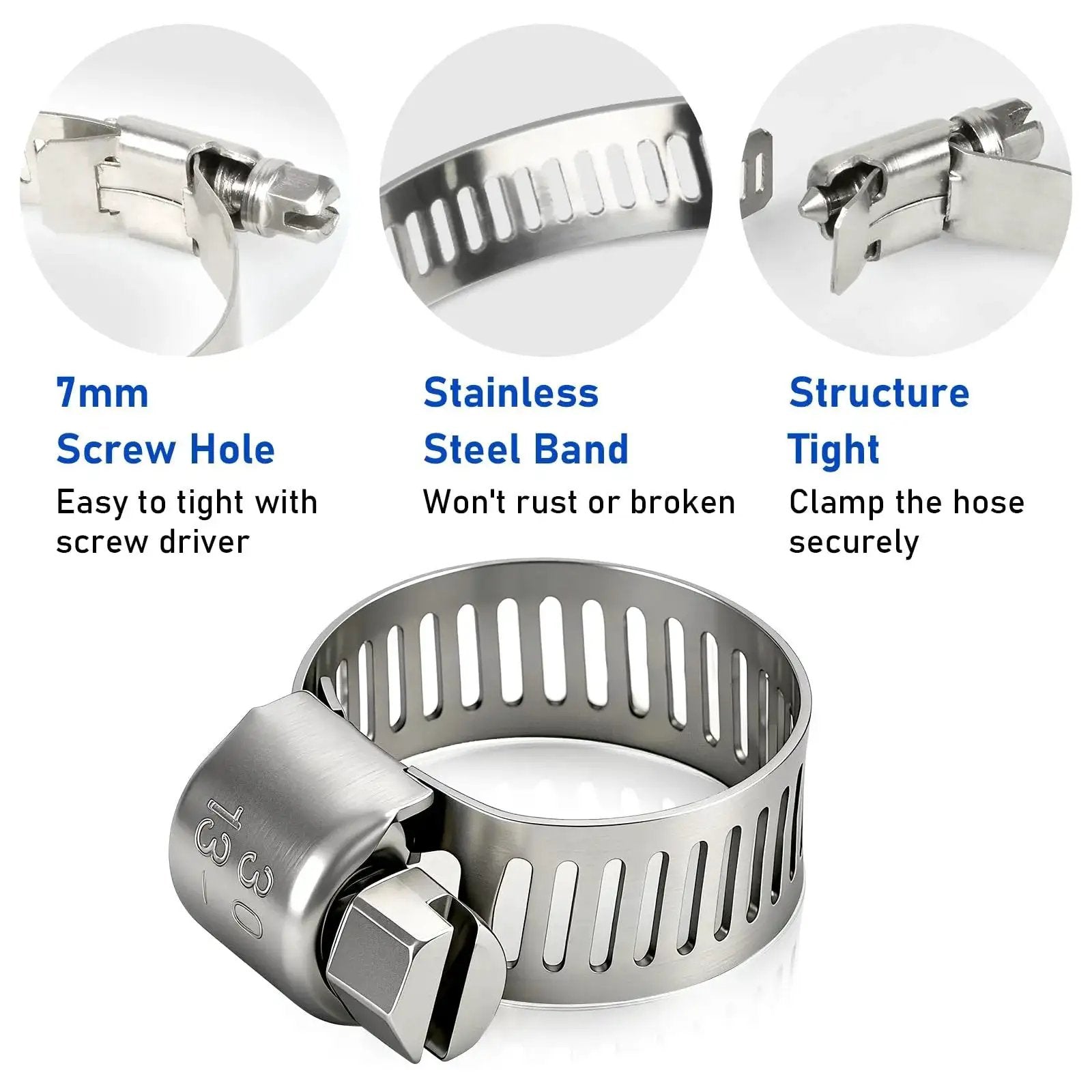 Hose Clamps 10 Pack Stainless Steel Adjustable Worm Gear Clamps 7mm Screw Hole Detail for 1/2 to 3/4 Inch Automotive Use