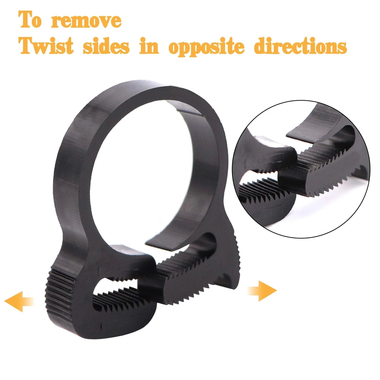 Close-up of nylon double snap hose clamp with text instructions for removal shown on a 60 Pcs Heavy Duty Nylon Double Snap Hose Clamps Set In 8 Sizes For Silicone Vinyl LDPE Tubing Non Metallic Corrosion Resistant Oil And Gasoline Solvent Resistant Clamp Kit With Sturdy Plastic Storage Box