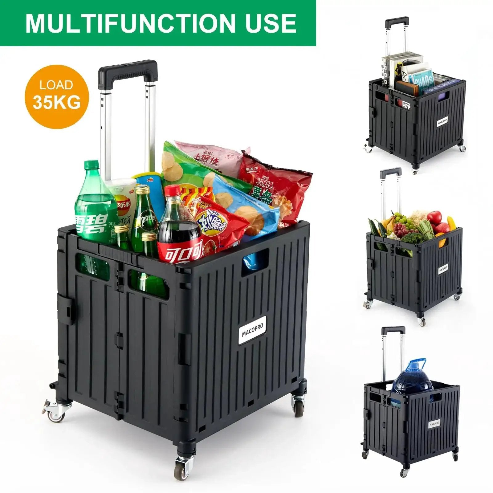 Folding Utility Cart With Lid And Basket On Four 360 Degree Rotating Wheels Portable Rolling Handcart filled with groceries and drinks