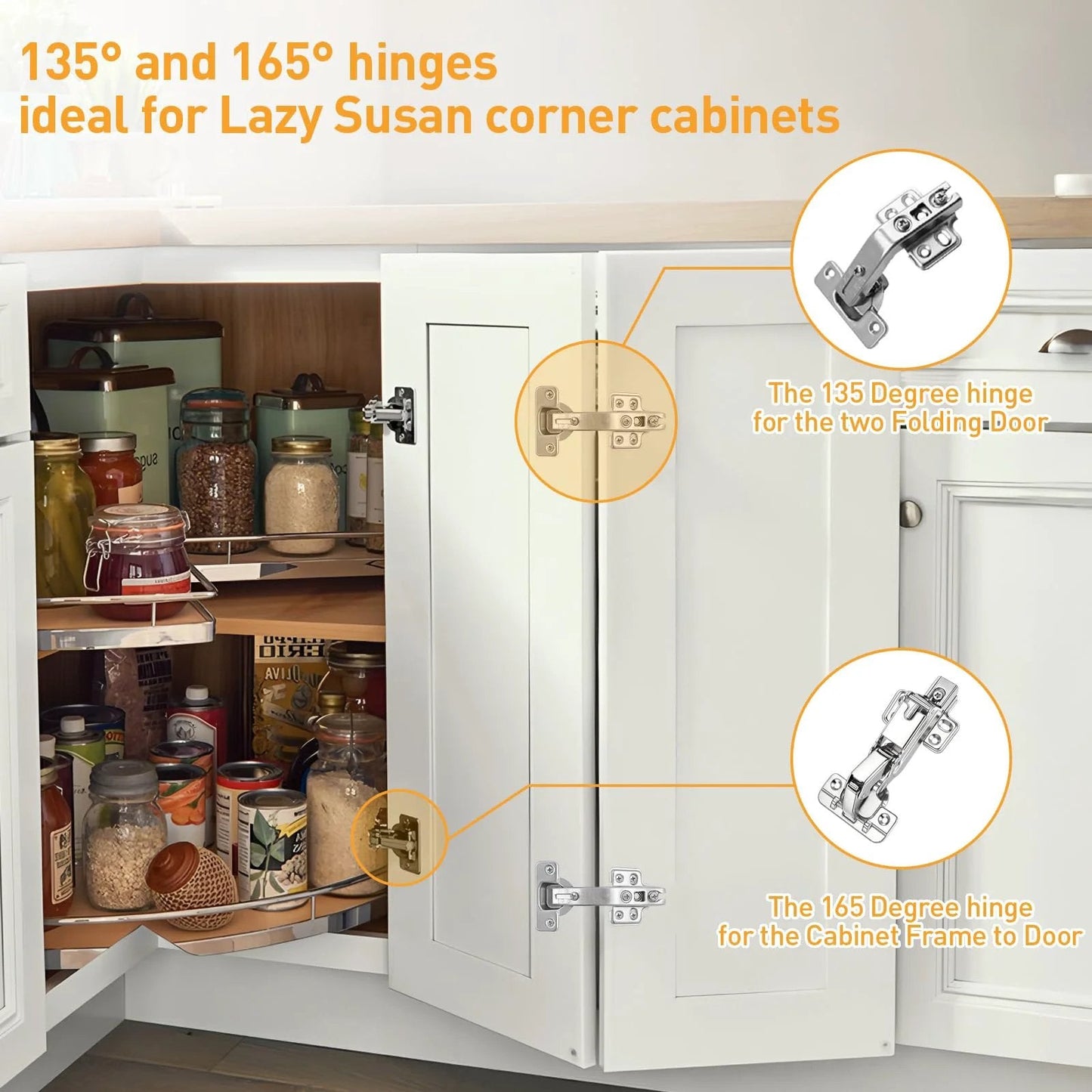 135 and 165 degree hinges for Lazy Susan corner cabinets, showing two types of hinges on a white cabinet door.