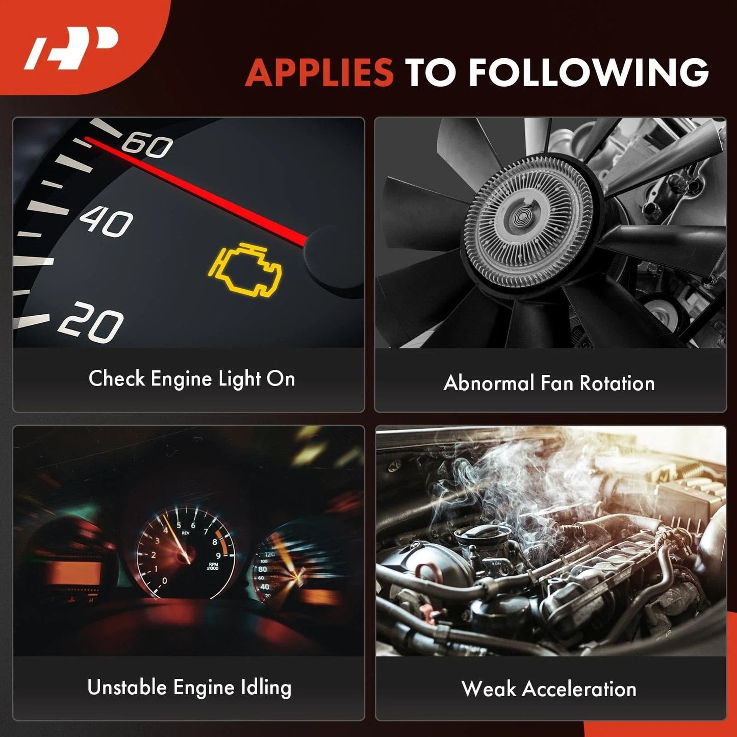 Dashboard showing check engine light, car fan with abnormal rotation, engine idling, and engine bay with smoke indicating issues.