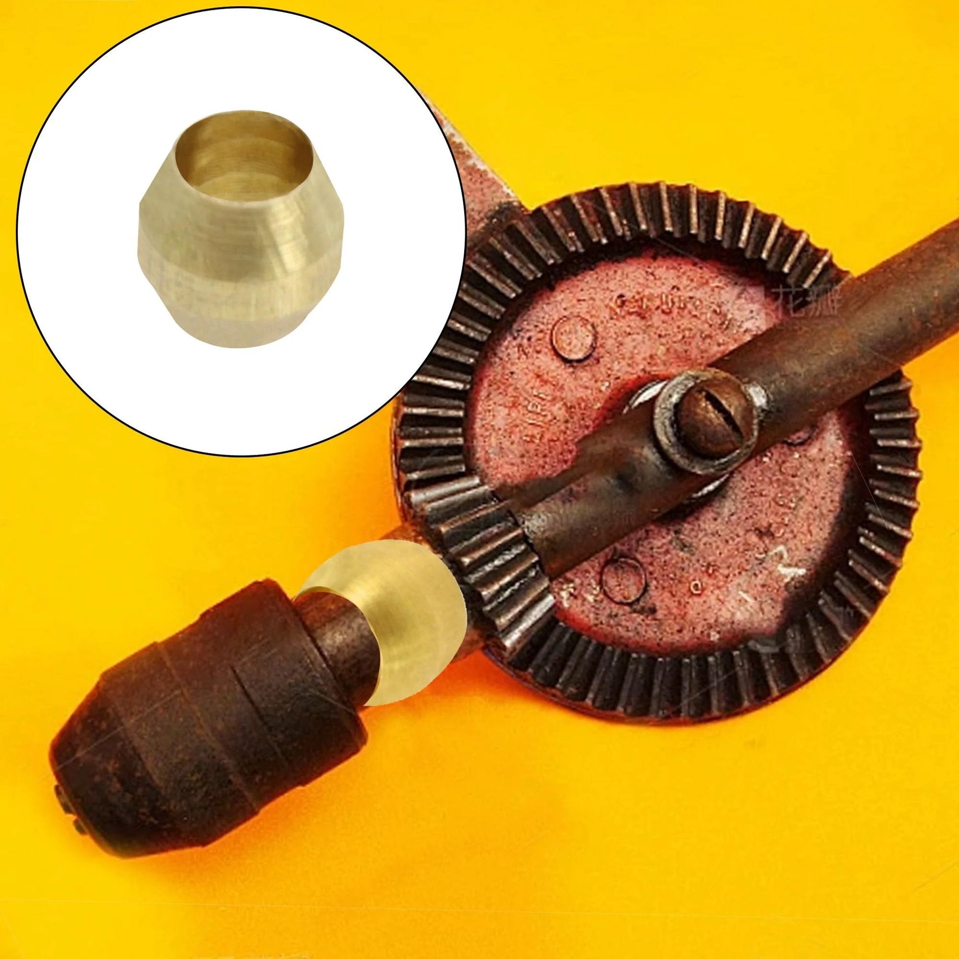 Brass Compression Sleeve Ferrules 3mm 1/8 Inch, 50 Pack Tube Fittings For Air Fuel Water Oil Lines, shown with installation tool