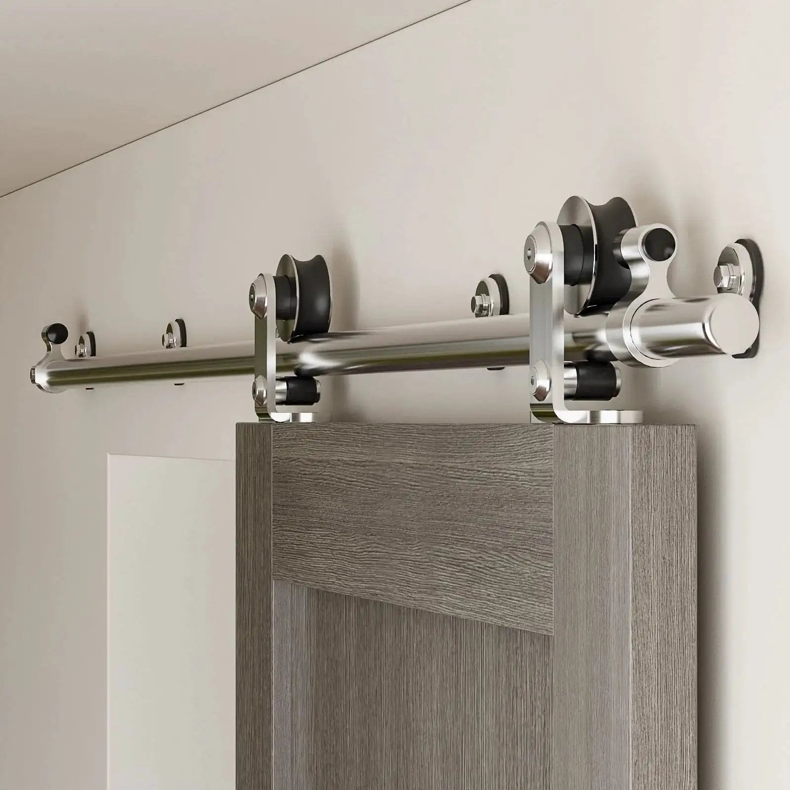 5.5 Foot Stainless Steel Sliding Track Barn Door Hardware Kit For Single Door Heavy Duty, Quiet Smooth Roller Bearings