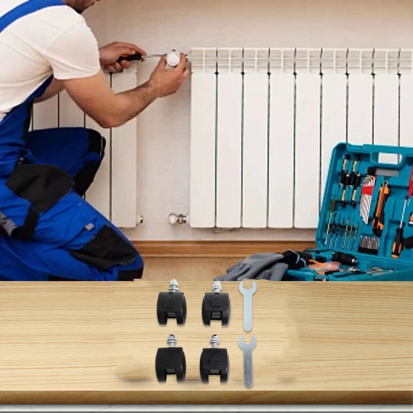 Installation of 4 Pack Replacement Caster Wheels for Electric Oil Heater with Brakes, durable plastic, shown with tools and wrenches.