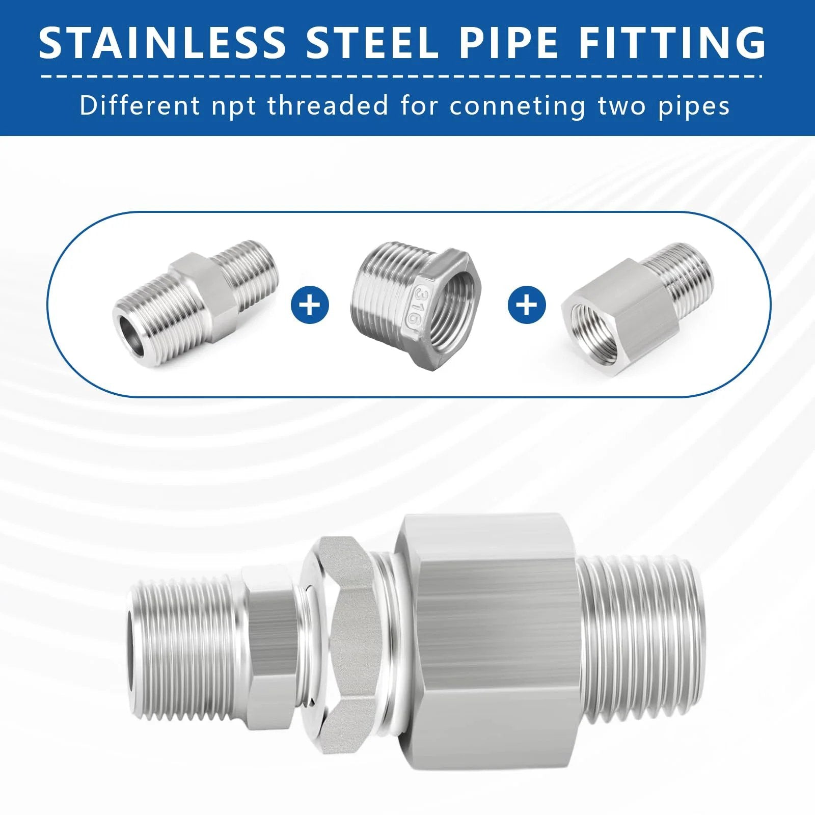 Heavy Duty 316 Stainless Steel Hex Bushing Reducer Three Quarter Inch To One Quarter Inch NPT Male To Female Pipe Fitting Adapter Corrosion Resistant Connector For Plumbing Hydraulic Air Oil And Gas Systems depicted in parts diagram