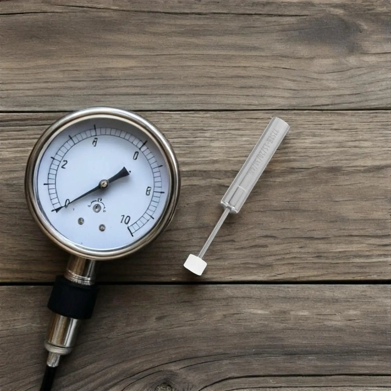Round dial pressure gauge and screwdriver placed on wooden surface, indicating precise measurement and tools.