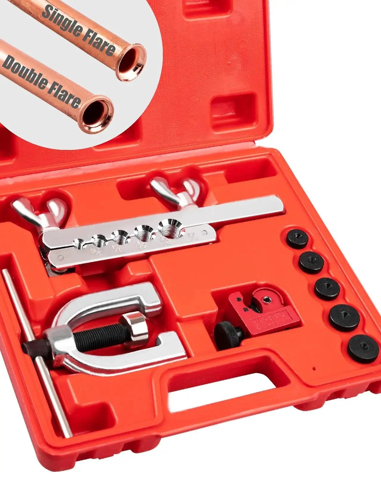 Brake Line Flare Tool Kit With Tubing Cutter And 5 Adapters For Copper Tubing in a red case with flare bar and yoke visible