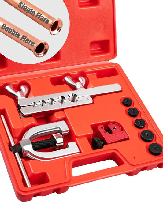 Brake Line Flare Tool Kit With Tubing Cutter And 5 Adapters For Copper Tubing in a red case with flare bar and yoke visible