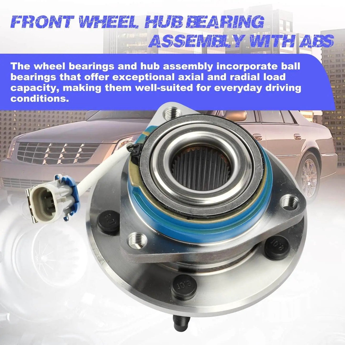 Front Wheel Hub Bearing Assembly with ABS - Single Unit Fits Impala, Monte Carlo, Uplander, Venture, Aurora, Intrigue, Silhouette, DeVille, DTS, Bonneville & More product image with hub close-up against car background.