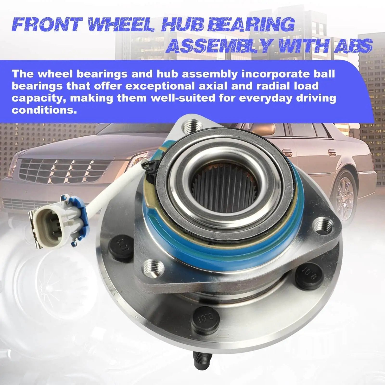 Front Wheel Hub Bearing Assembly with ABS - Single Unit Fits Impala, Monte Carlo, Uplander, Venture, Aurora, Intrigue, Silhouette, DeVille, DTS, Bonneville & More product image with hub close-up against car background.