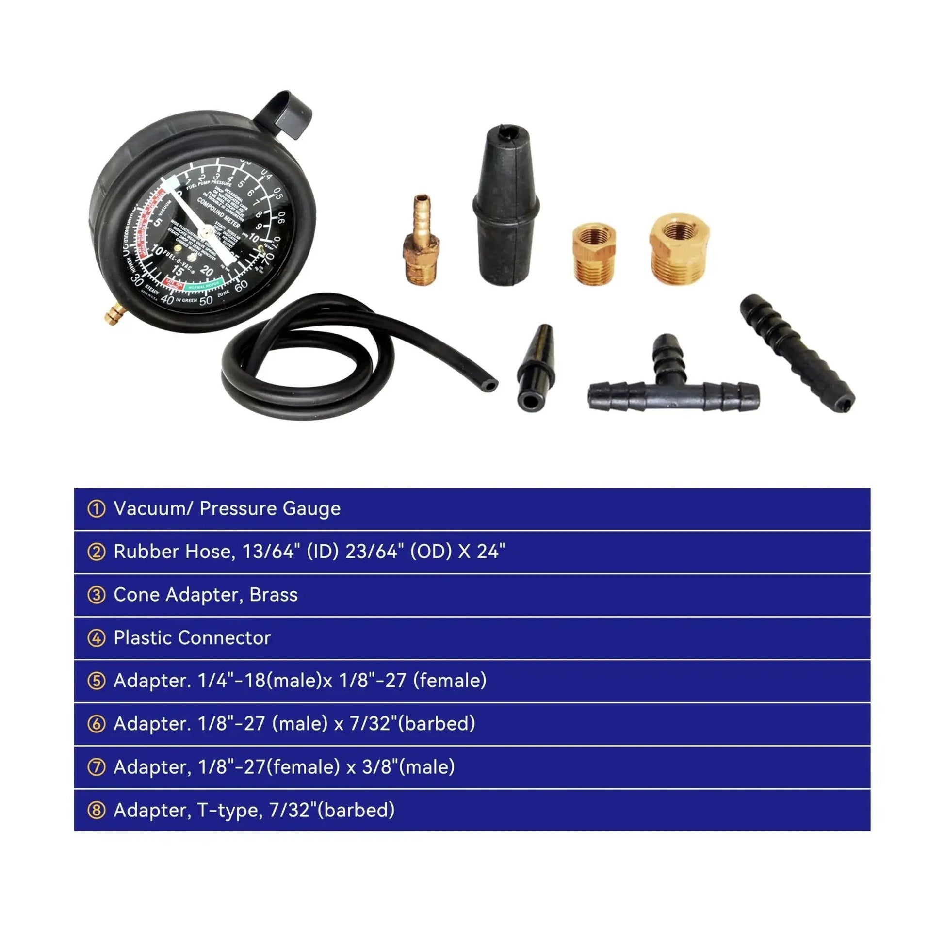Fuel Pump Pressure Tester Kit With Vacuum Gauge For Carburetor Valve Adjustment including gauge, vacuum hose, and adapters
