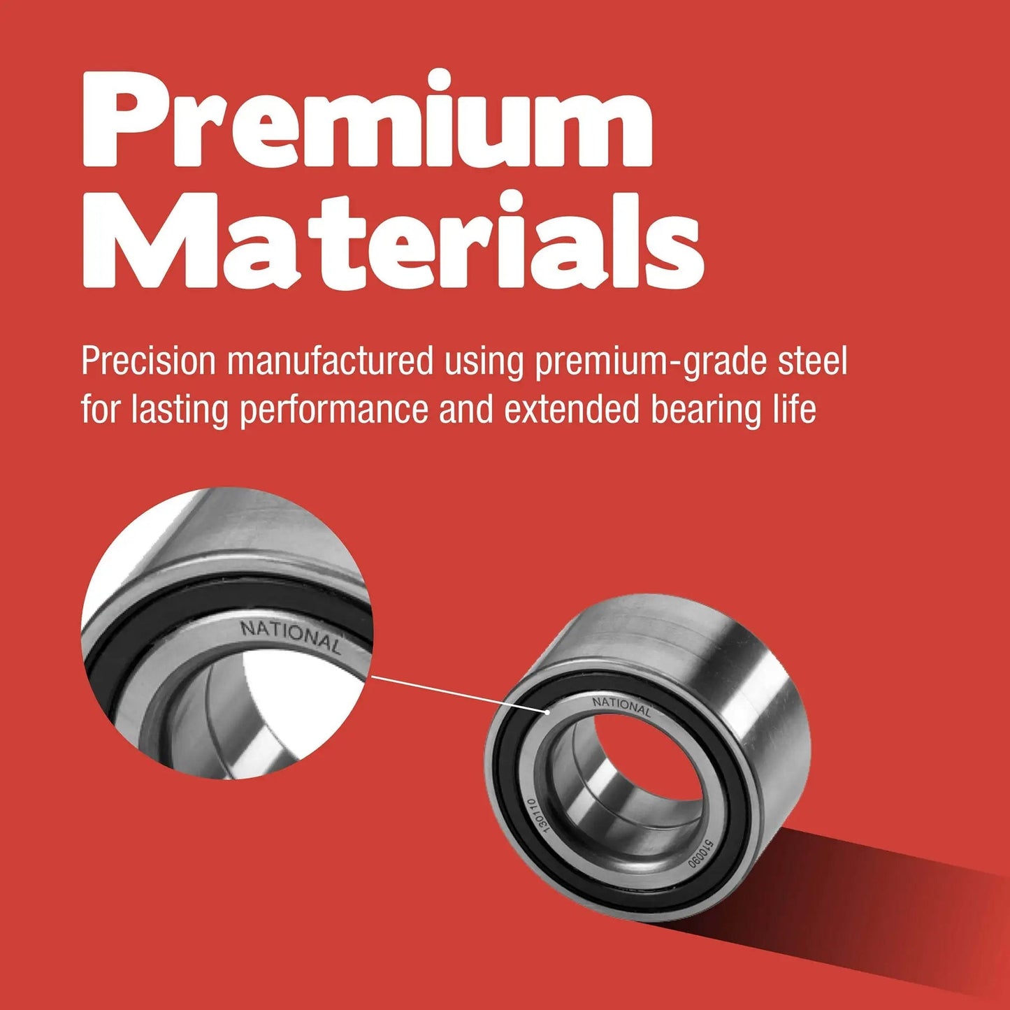 Premium materials description with Single 203 Sealed Ball Bearing, steel deep groove component shown close-up on red background