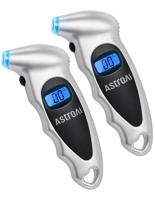 Digital Tire Pressure Gauge With Backlit LCD For Cars, Trucks And Bicycles Calibrated To ANSI B40.7 Plus Or Minus 1 PSI 0 To 150 PSI Range Four Units Of Measure Presta Valve Adapter Silver 2 Pack AstroAI