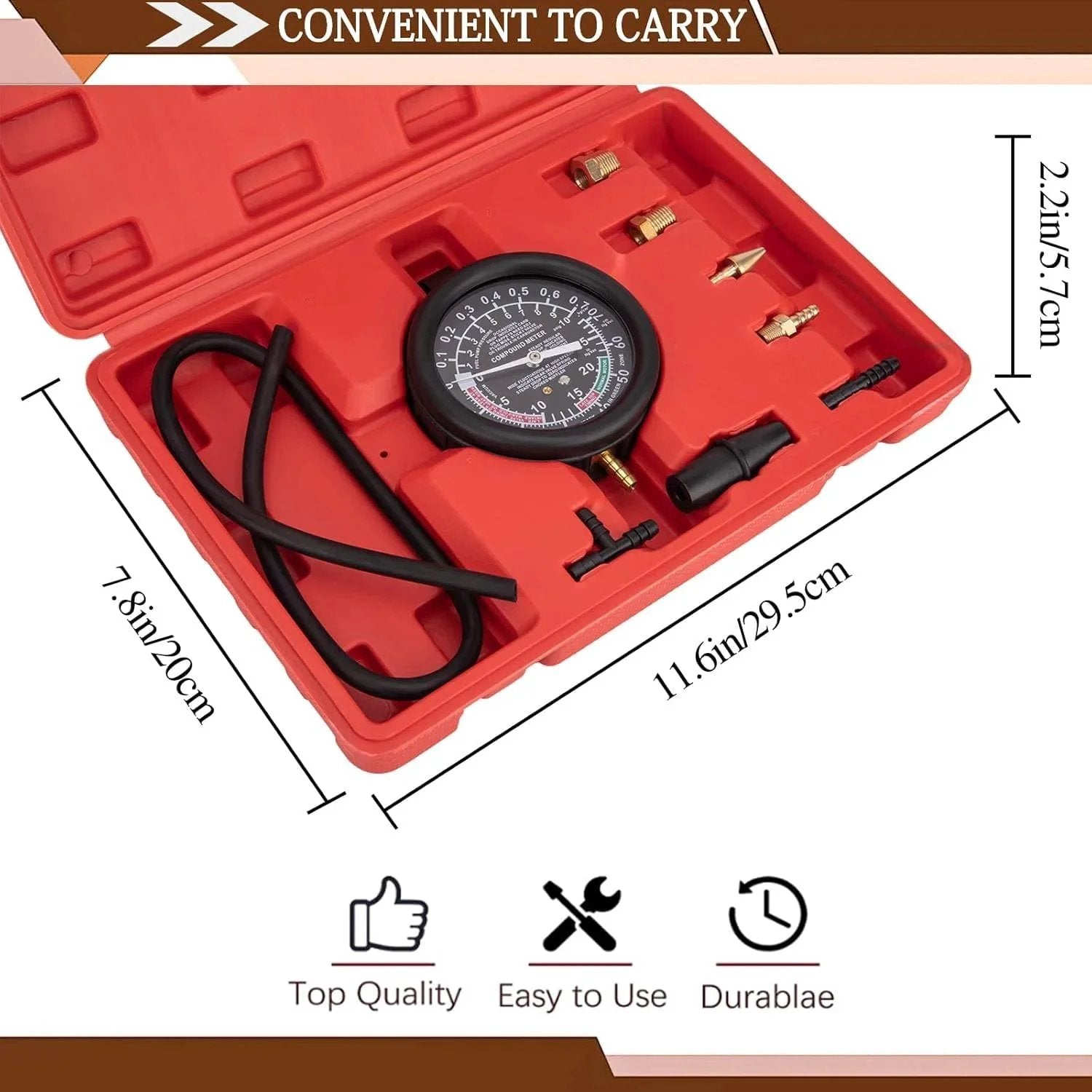 Vacuum Gauge Automotive Tester Kit For Fuel Pressure Diagnostics And Carburetor Testing DIY Friendly Fuel Pump Pressure Checker For Vacuum Leaks And Engine Performance VECKYJL with case, hose, and adapters