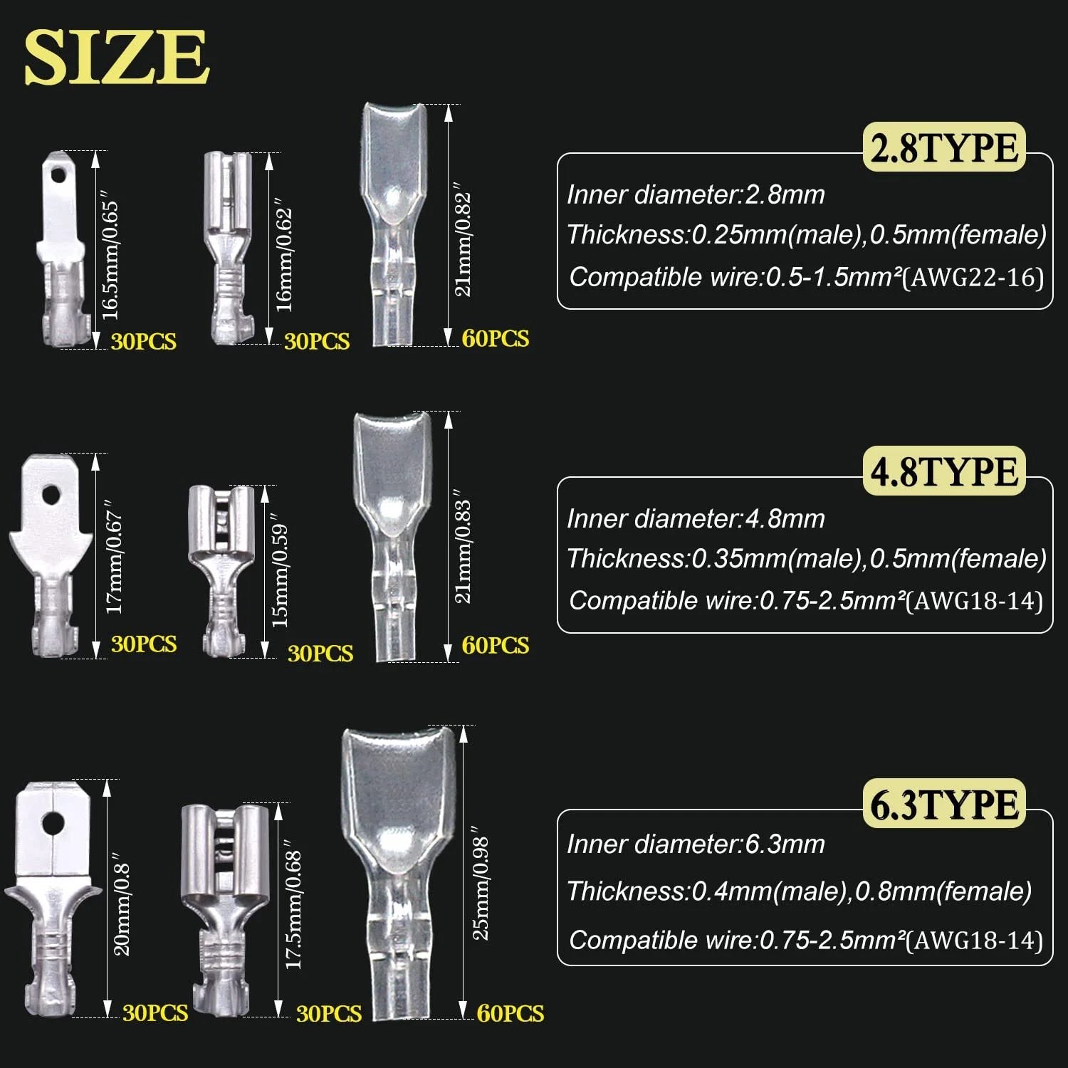 Premium Quick Splice Spade Connector Kit size chart showing 2.8mm, 4.8mm, 6.3mm connectors and nylon insulating sleeves.