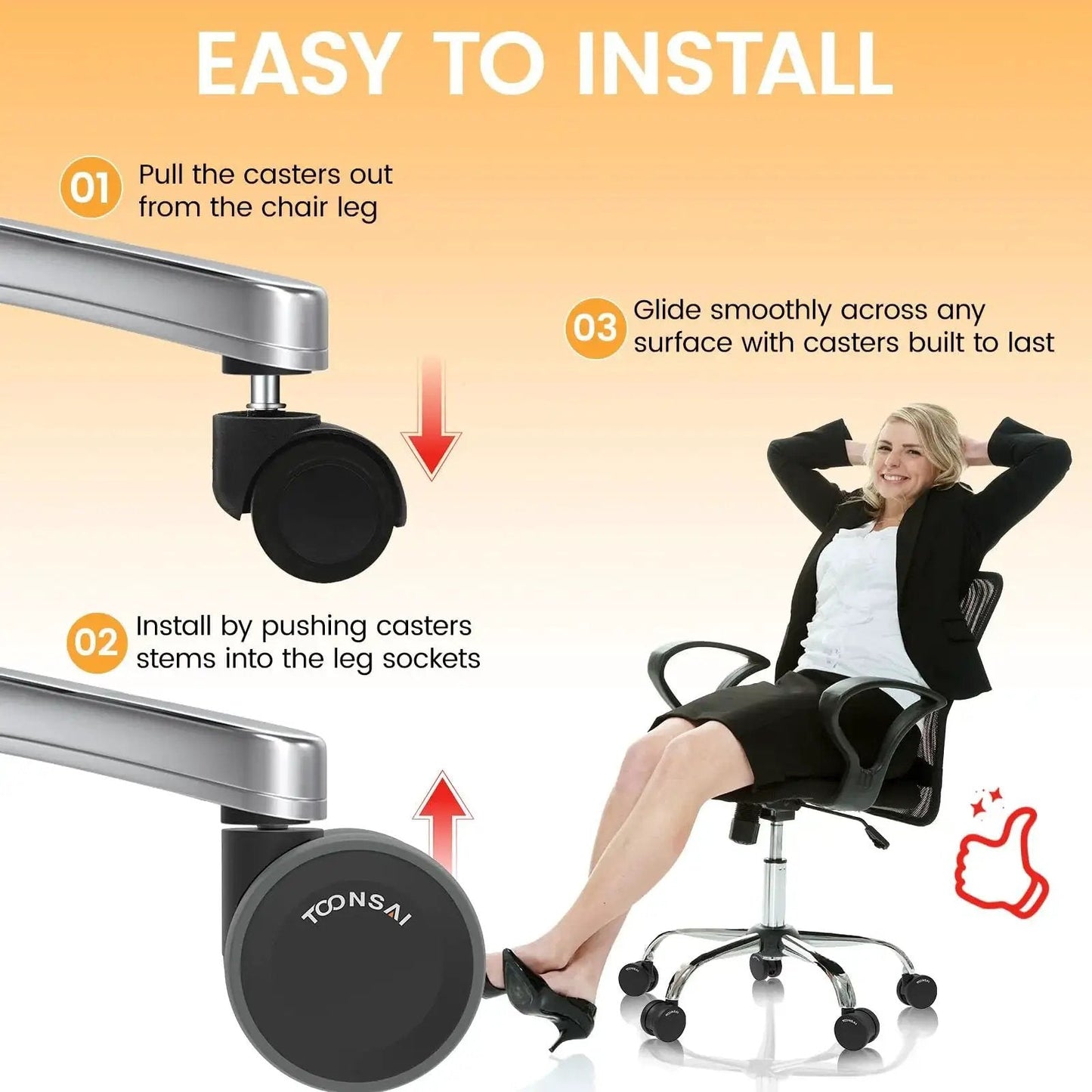 Instructions for installing Office Chair Wheels Replacement Casters For Carpet And Hard Floors, 3 Inch Stem Set Of 5