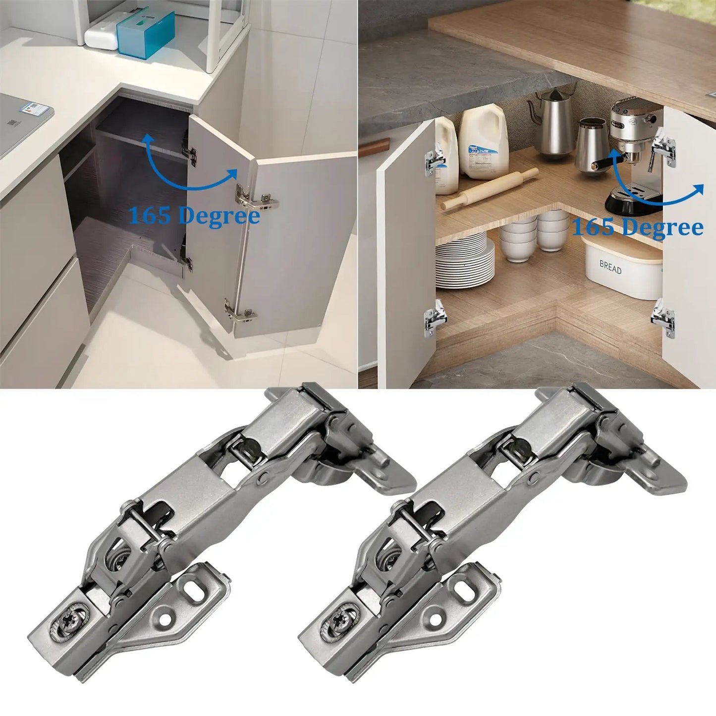 Two Pack 165 Degree Concealed Hydraulic Cabinet Hinges With Soft Close And 3D Adjustable Clip On Mounting for kitchen cabinets