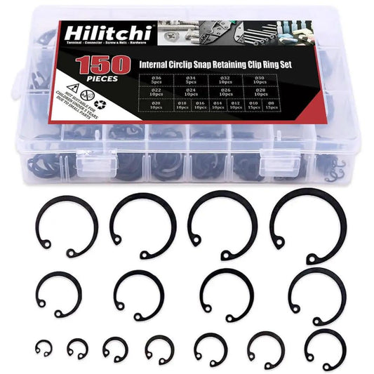 Pro Grade Internal Snap Ring Kit Set 150 Piece Alloy Steel Retaining Clip Ring Assortment In Clear Case with 15 Sizes