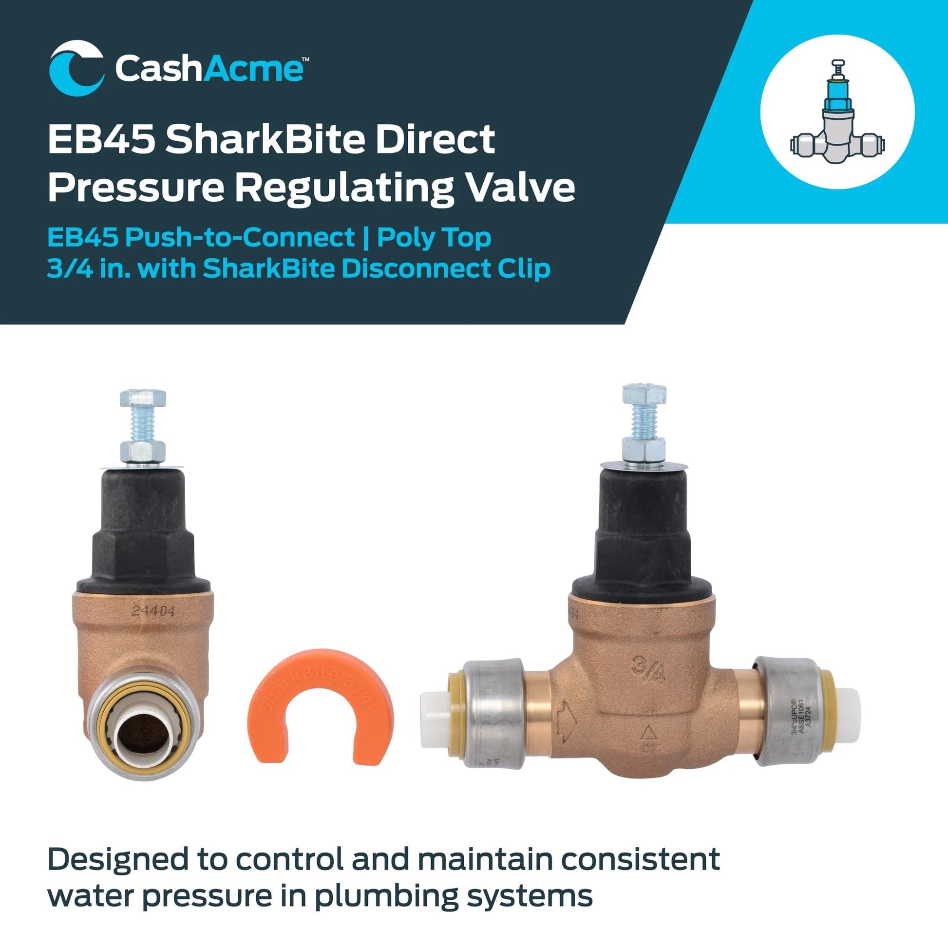 Direct 3/4 Inch Push To Connect Pressure Regulating Valve With Disconnect Clip And Poly Top 60 PSI SharkBite Compatible EB45 PRV shown