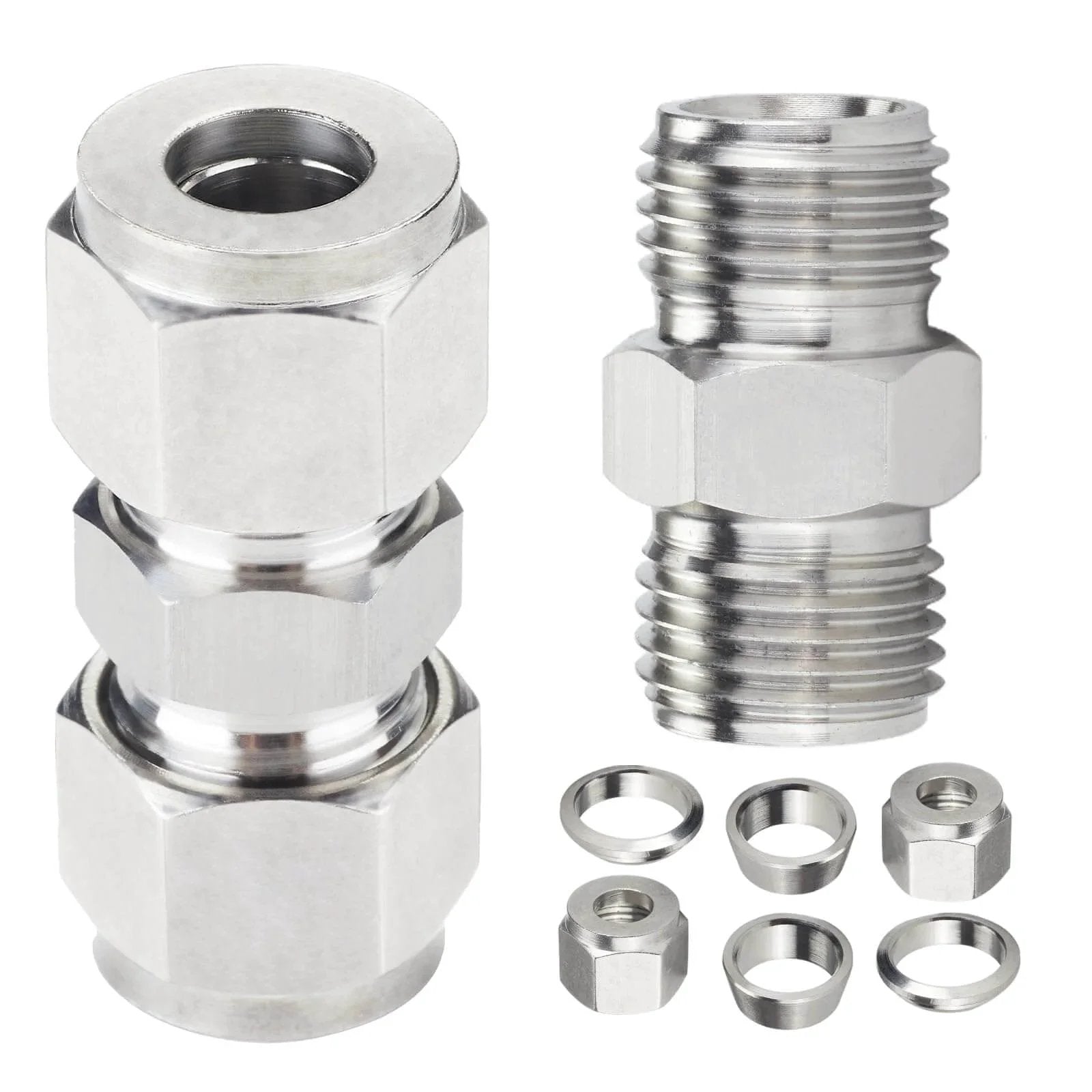 304 Stainless Steel Compression Tube Fitting Union for Three Eighths Inch Outside Diameter Tubing set of two with washers and nuts