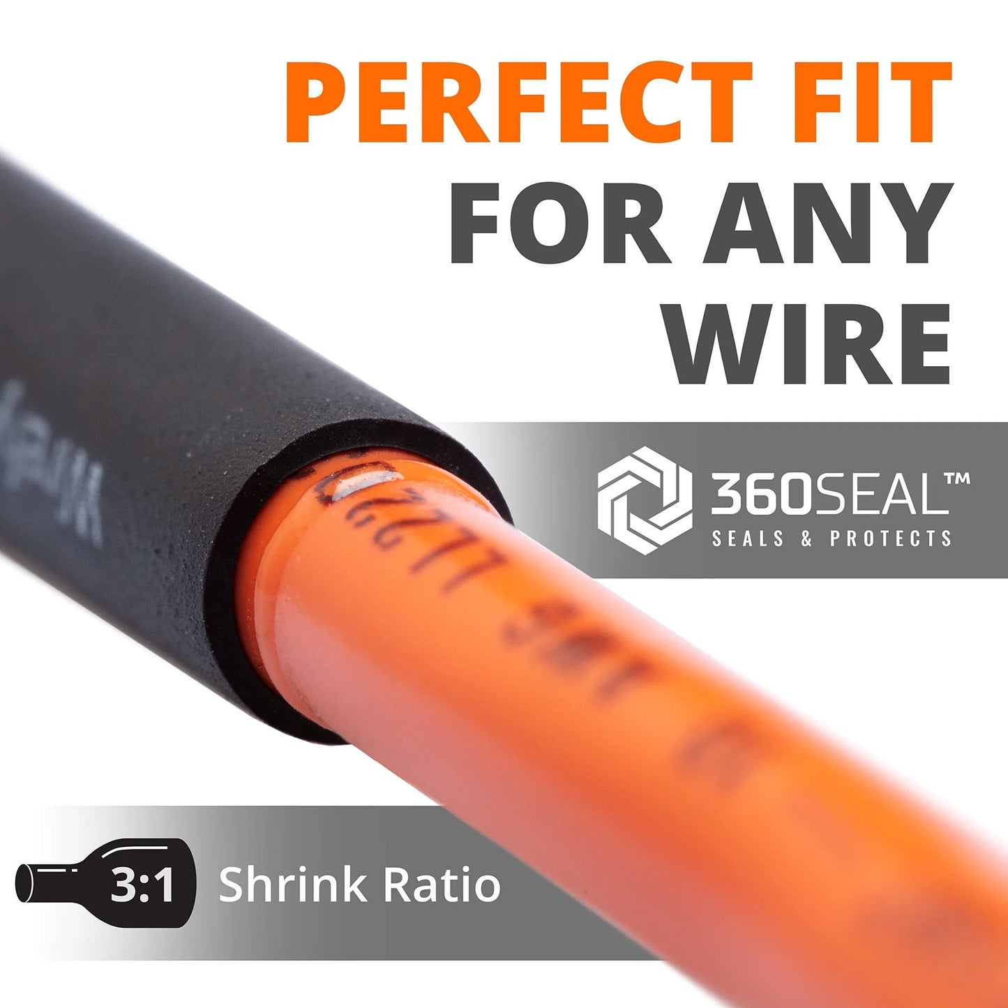 Close-up of adhesive lined heat shrink tubing with 3:1 shrink ratio wrapping an orange wire. Adhesive Lined Heat Shrink Tubing Kit With 180 Pieces In Black 3 To 1 Shrink Ratio Pro Grade Wire Wrap Tubing For Electrical Wiring Industrial Quality UL Certified By Wirefy.