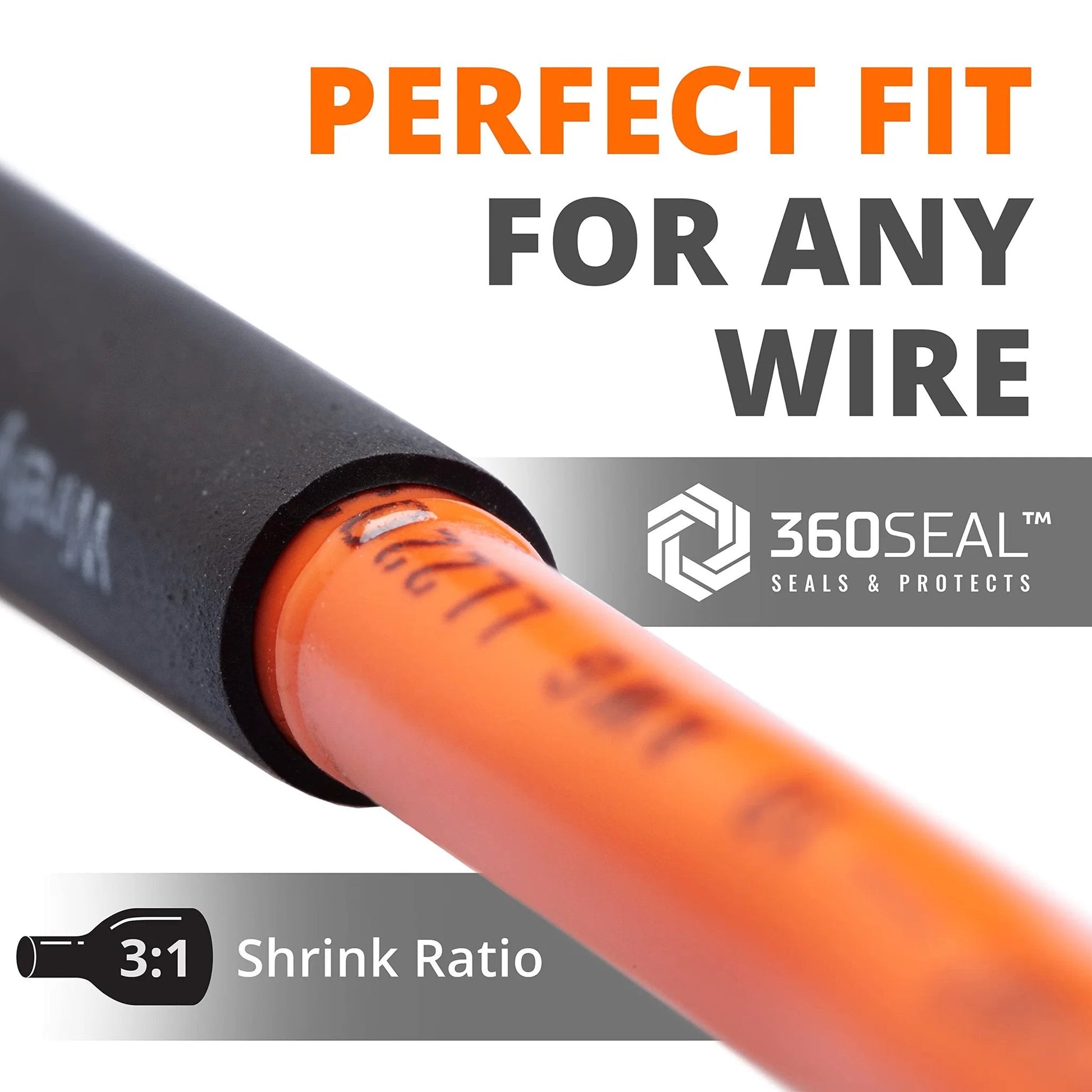 Close-up of adhesive lined heat shrink tubing with 3:1 shrink ratio wrapping an orange wire. Adhesive Lined Heat Shrink Tubing Kit With 180 Pieces In Black 3 To 1 Shrink Ratio Pro Grade Wire Wrap Tubing For Electrical Wiring Industrial Quality UL Certified By Wirefy.