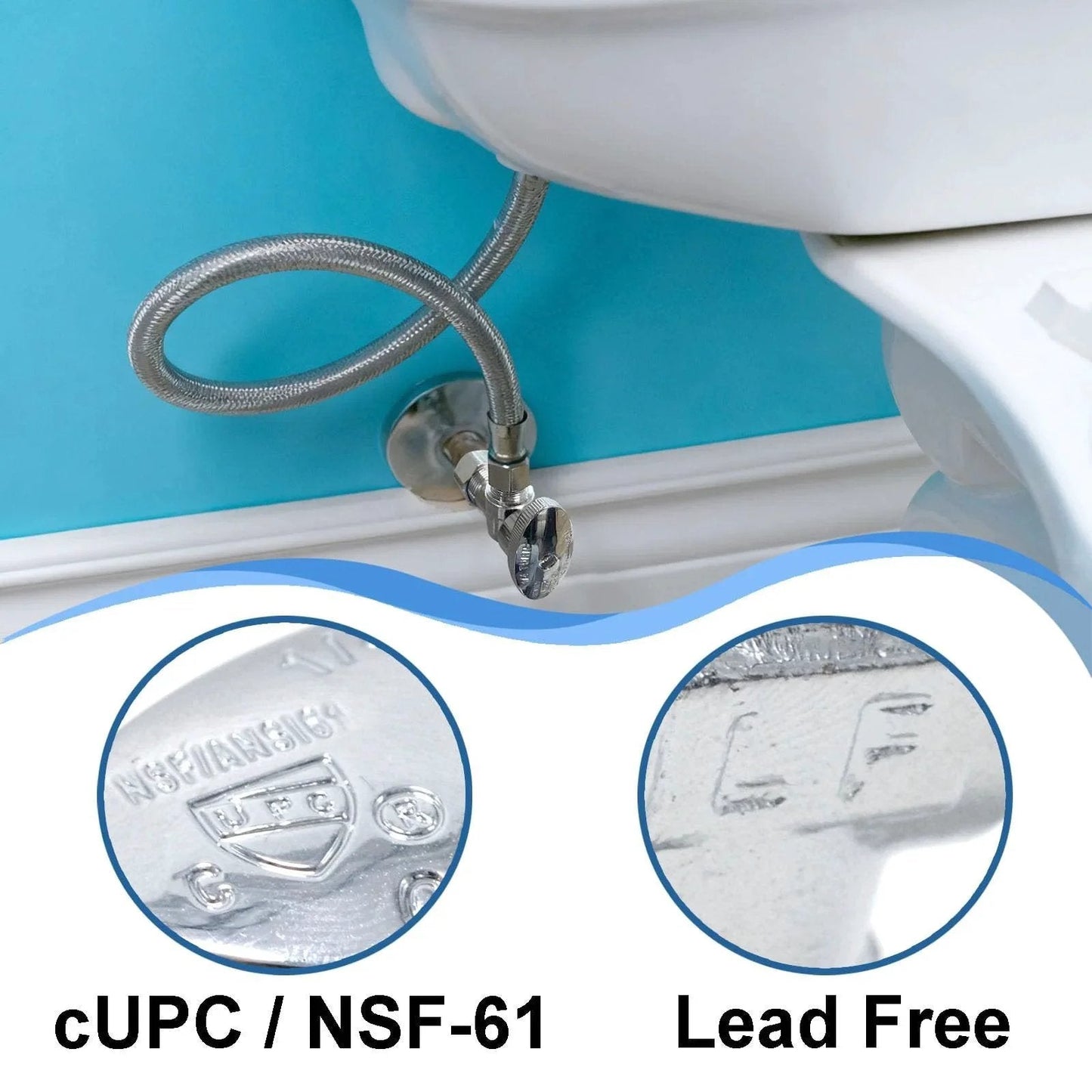 Angle Stop Valve One Half Inch Nominal Compression Inlet To Three Eighths Inch Compression Outlet Quick Install Quarter Turn Water Shut Off Valve For Toilet And Faucet Plumbing Lead Free Brass One Pack installed on a toilet water line with close-ups of cUPC and NSF-61 markings, lead free engraving visible.