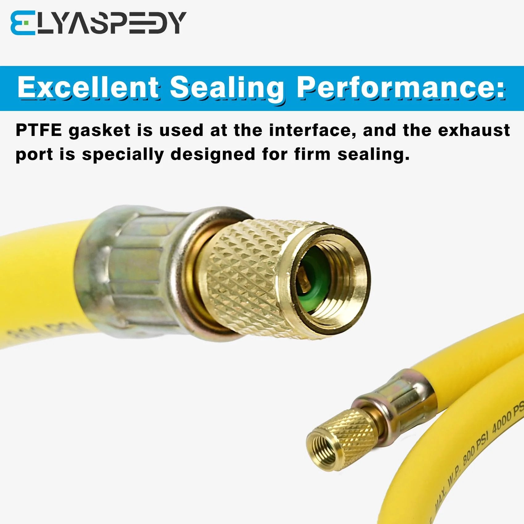 Close-up of the Upgrade Three Eighths Inch Refrigerant Hose With One Quarter Inch Flare Fittings Vacuum Certified Six Feet Long 800 PSI Working Pressure For R410A And All Common Refrigerants Yellow, highlighting metal flare fitting and PTFE gasket.