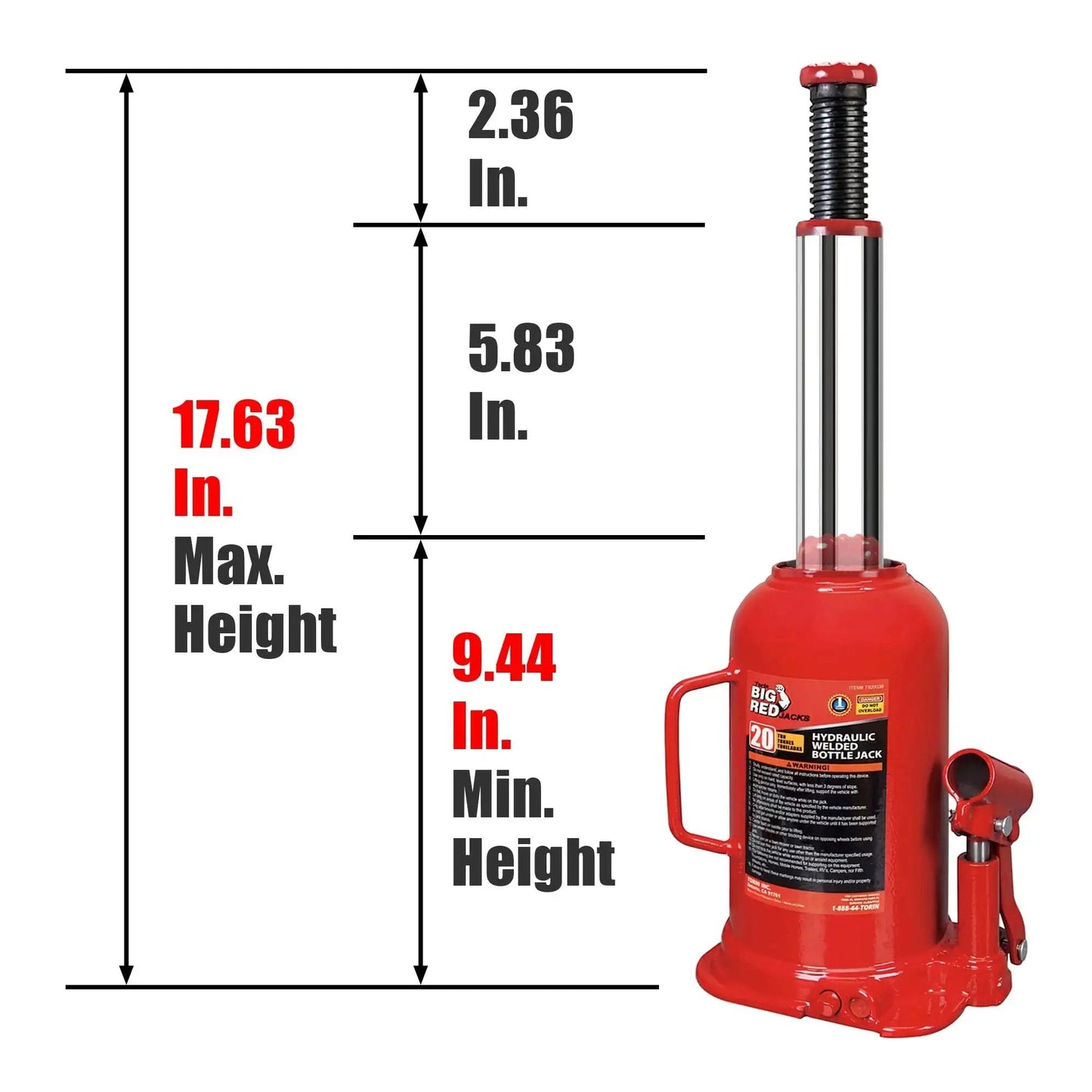 20 Ton Hydraulic Bottle Jack With Adjustable Top Extension And 9.44 To 17.69, shown with height measurements and handle
