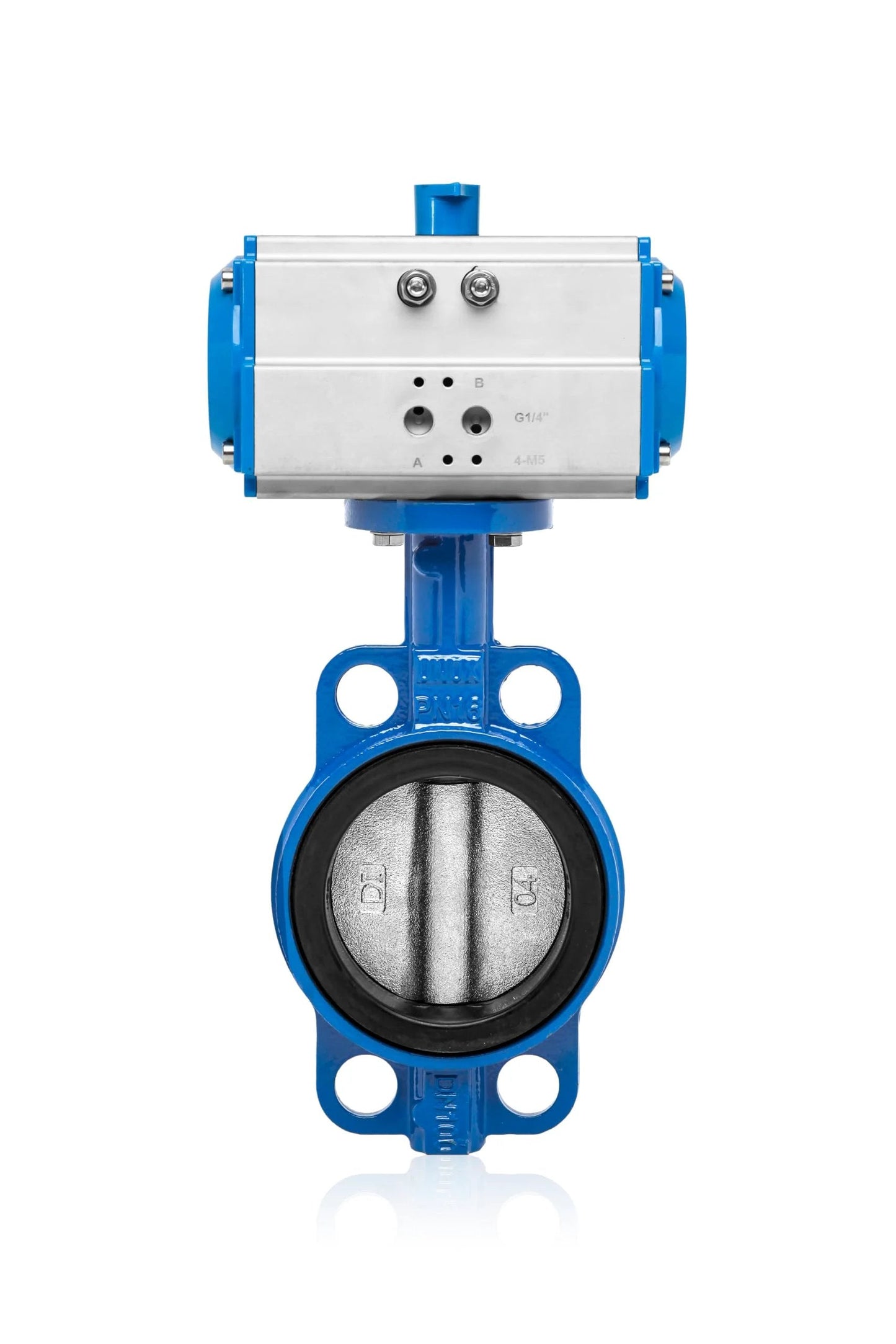 Pneumatic Actuated Butterfly Valve Wafer Type DN125 5 Inch Double Acting 230 PSI 16 Bar Heavy Duty Stainless Steel AISI 304 Disc Ductile Iron GGG 40 3 Body EPDM Seat For Water And Air front view