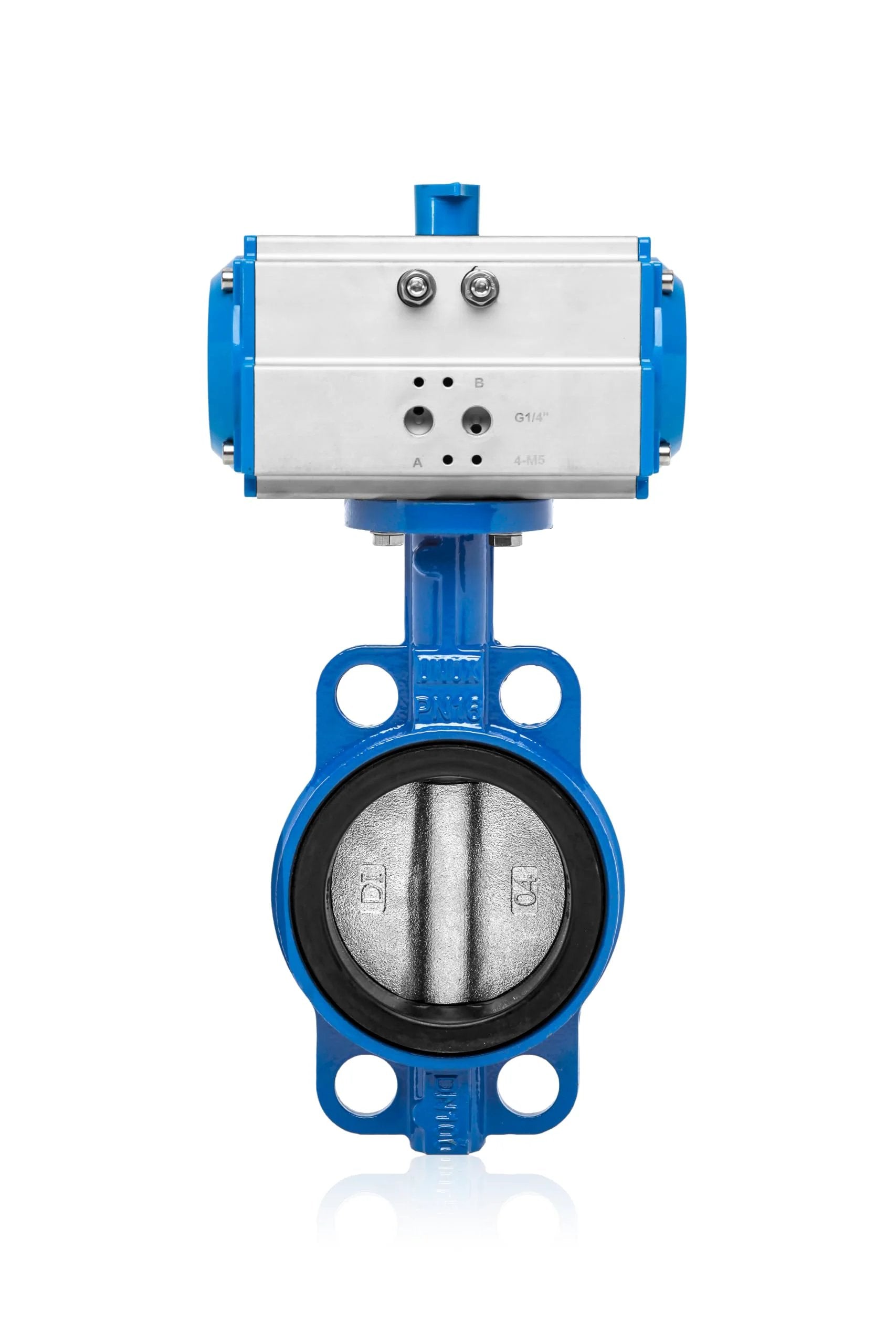 Pneumatic Actuated Butterfly Valve Wafer Type DN125 5 Inch Double Acting 230 PSI 16 Bar Heavy Duty Stainless Steel AISI 304 Disc Ductile Iron GGG 40 3 Body EPDM Seat For Water And Air front view