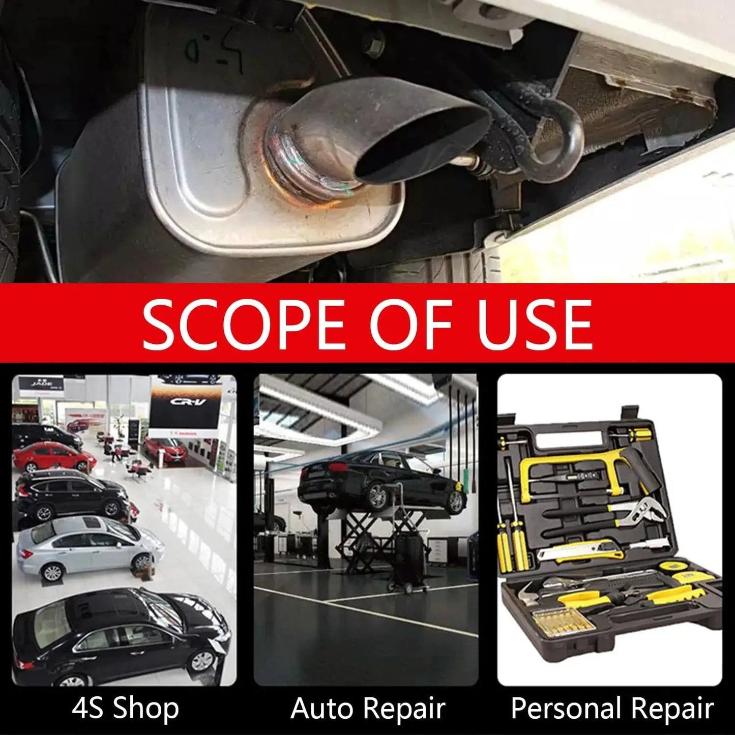 Exhaust Hanger Removal Tool With 25 Degree Offset Design And Non Slip Pliers in use in auto repair and personal repair settings.