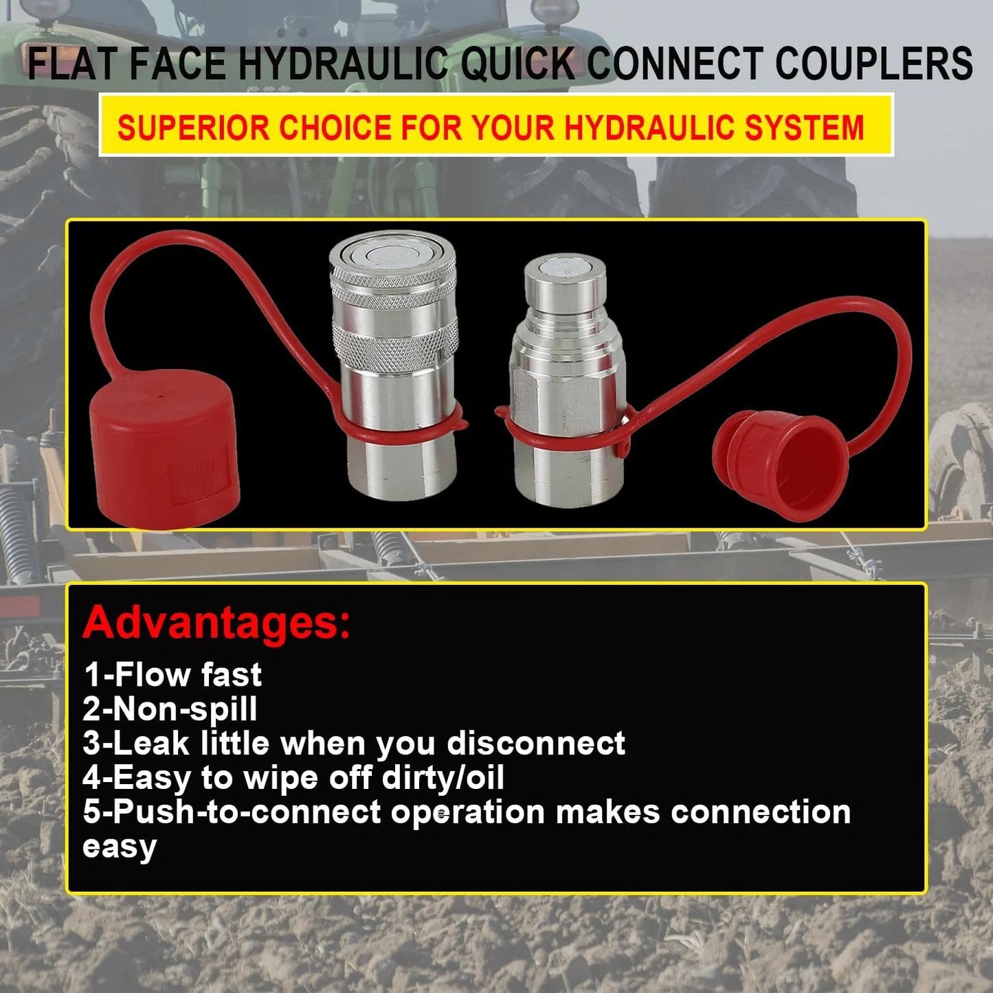 Universal Half Inch NPT Flat Face Hydraulic Quick Connect Couplers Fittings Dry Break for Bobcat Skid Steer ISO 16028 1 Set