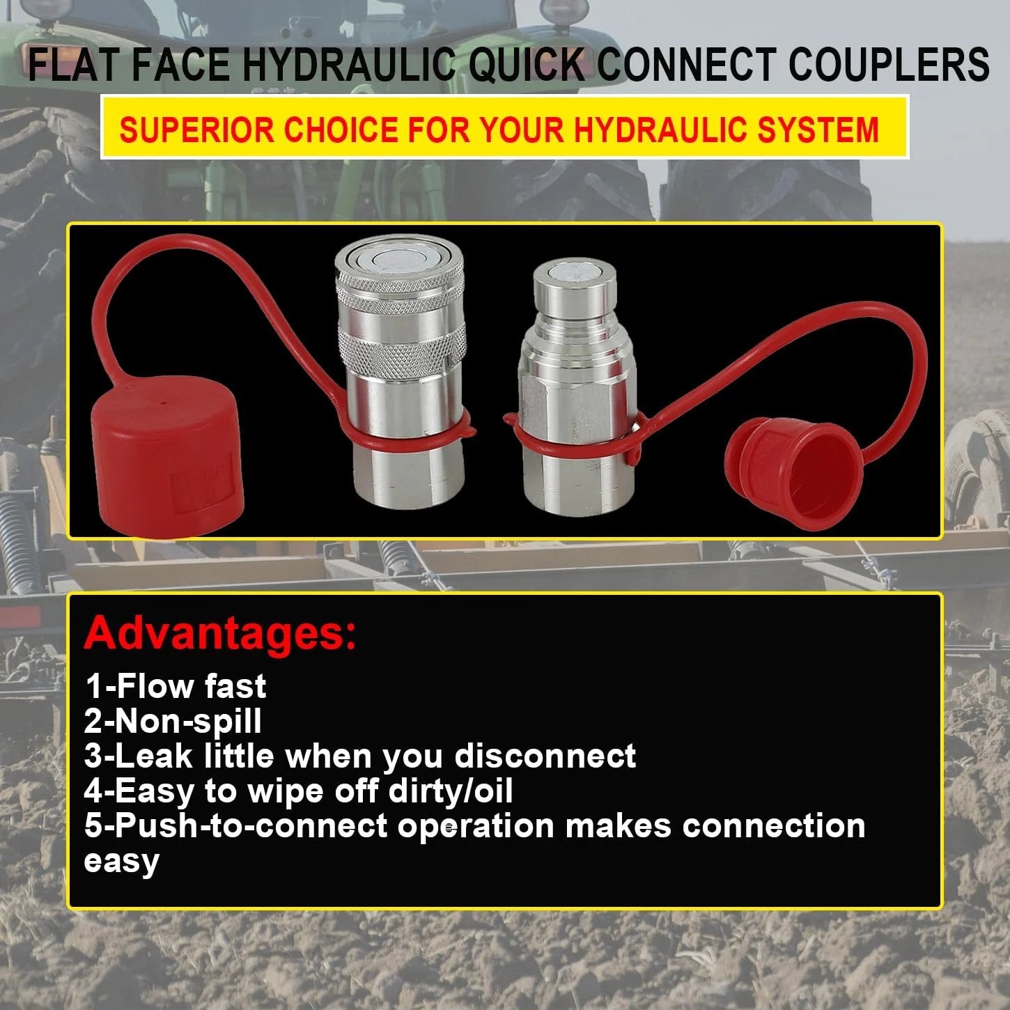 Universal Half Inch NPT Flat Face Hydraulic Quick Connect Couplers Fittings Dry Break for Bobcat Skid Steer ISO 16028 1 Set